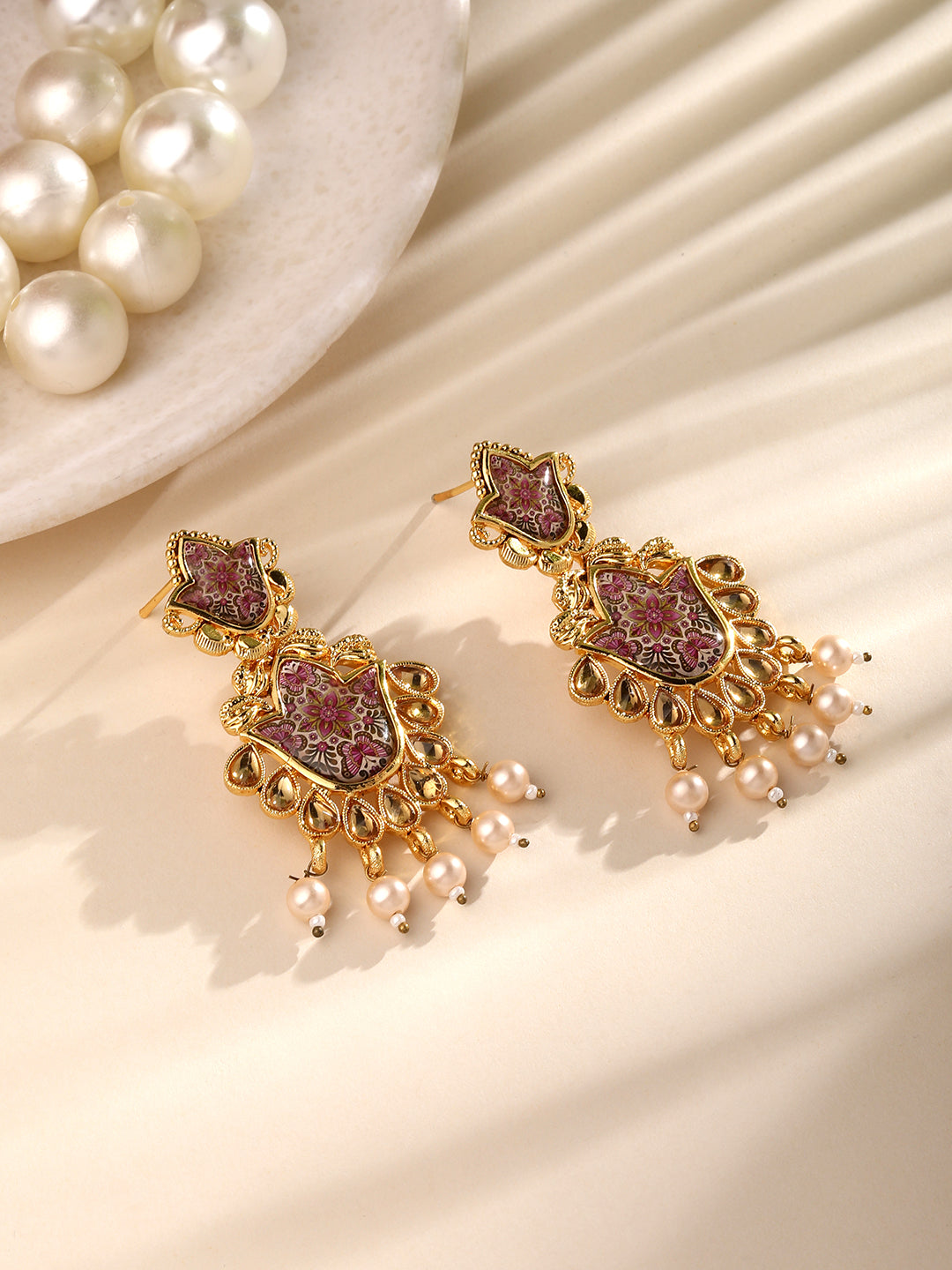 Gold Plated Multicolor Floral Printed Dangle Earring