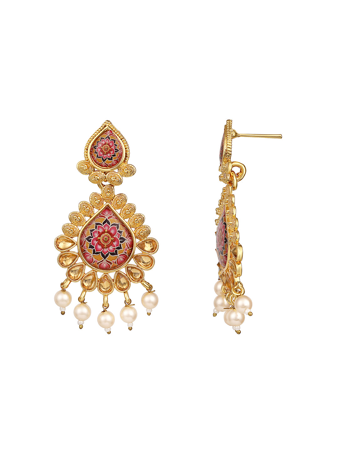 Gold Plated Multicolor Floral Printed Dangle Earring