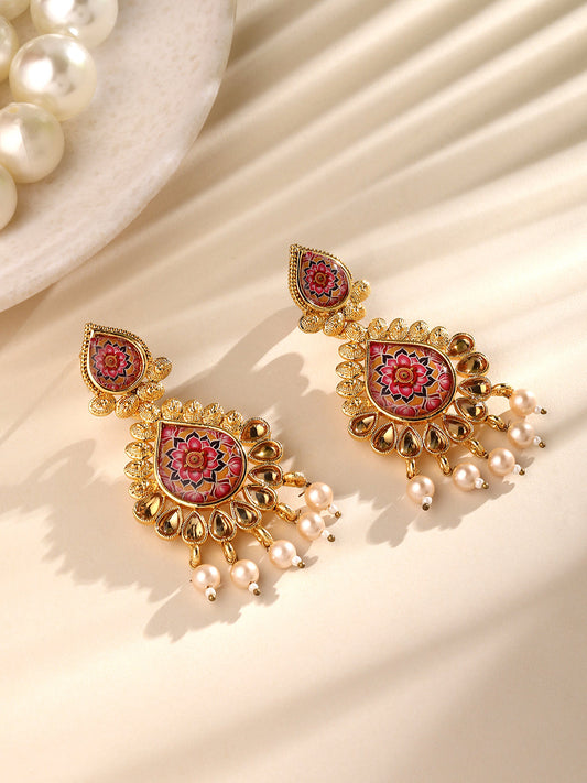 Gold Plated Multicolor Floral Printed Dangle Earring