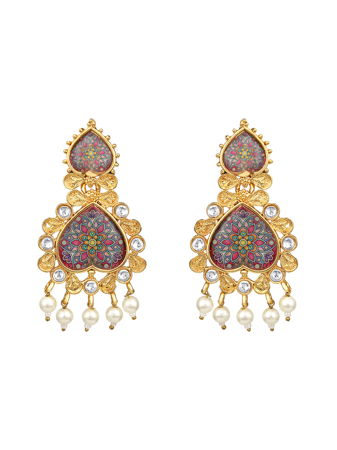 Gold Plated Multicolor Floral Printed Dangle Earring