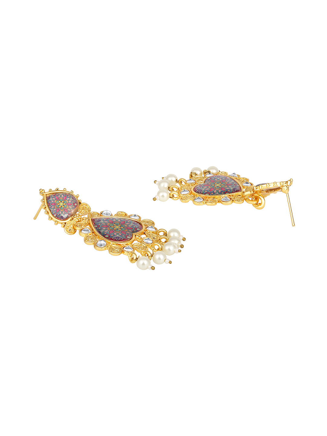 Gold Plated Multicolor Floral Printed Dangle Earring