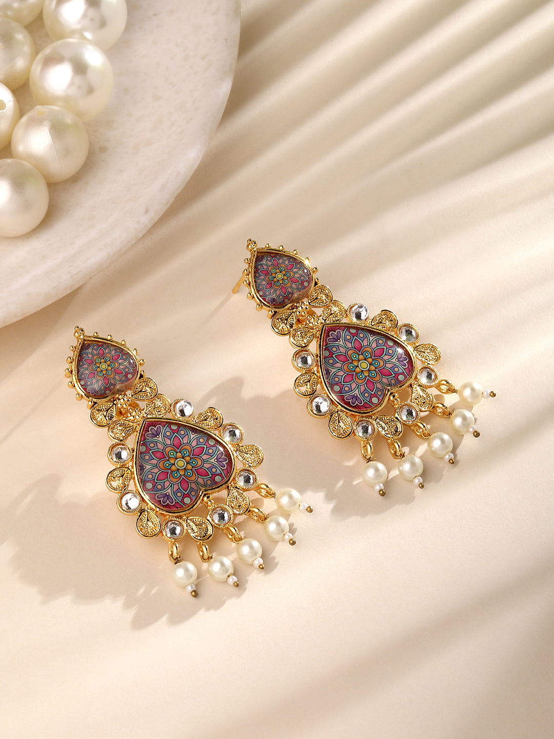 Gold Plated Multicolor Floral Printed Dangle Earring