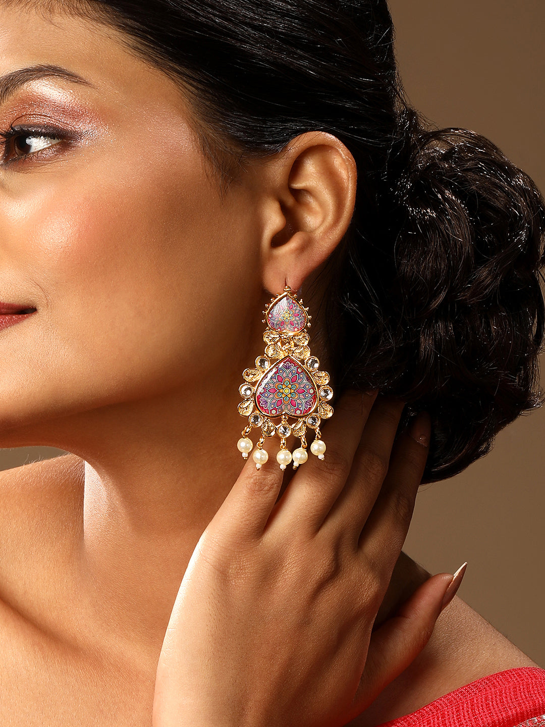 Gold Plated Multicolor Floral Printed Dangle Earring