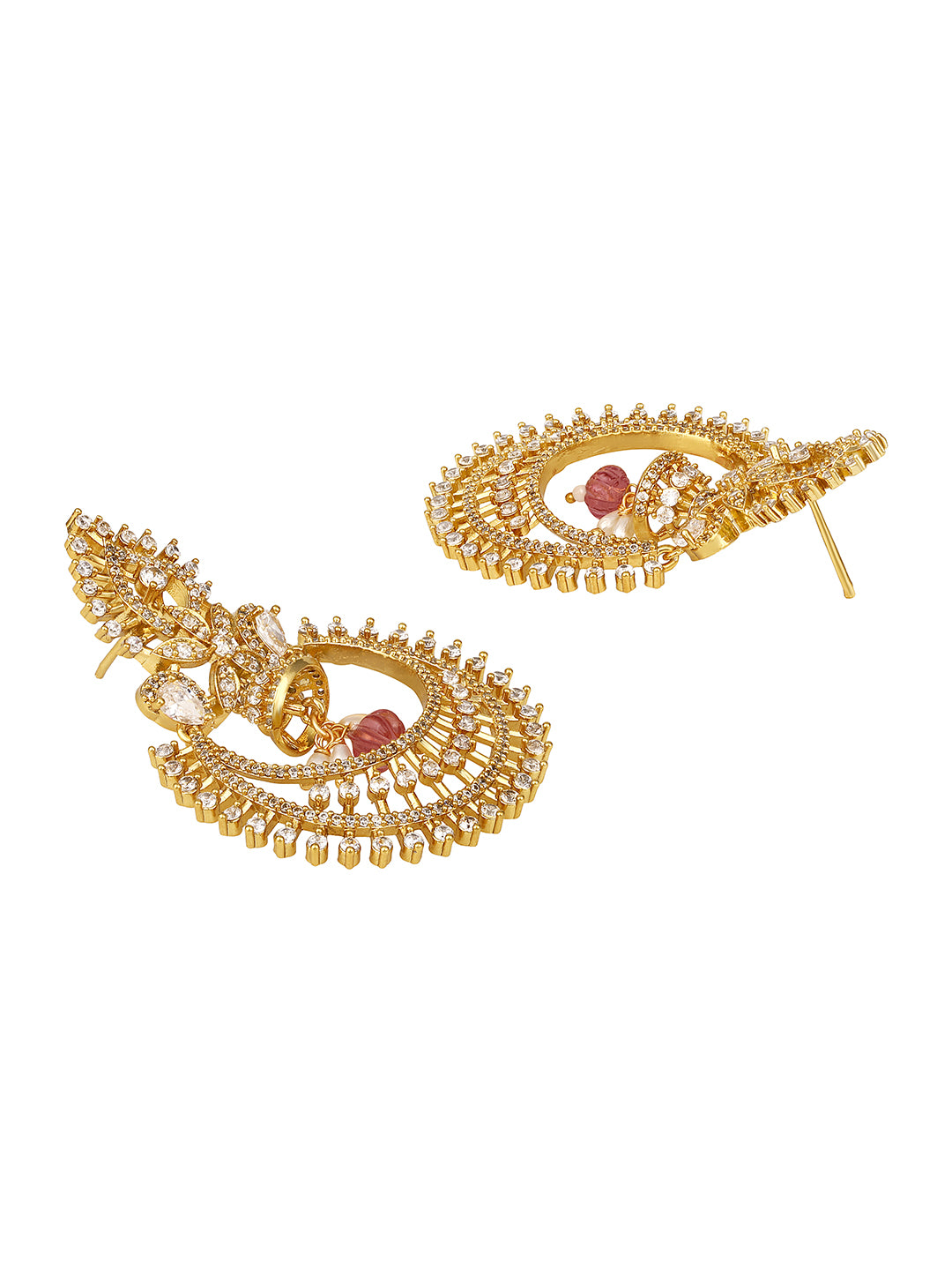 Gold-Plated CZ Studded Chandbali Earrings with Jhumka Drop