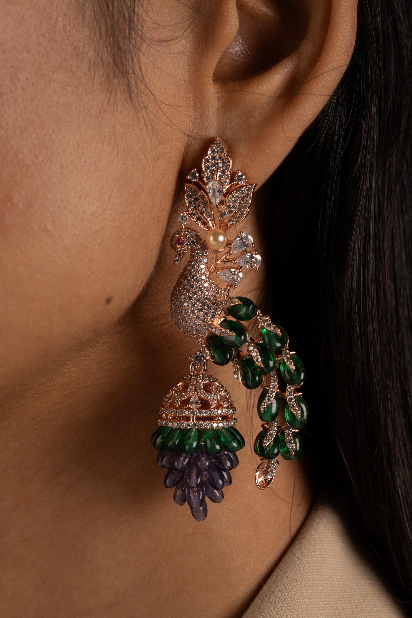 Peacock Motif Gold-Plated Dangle Earrings