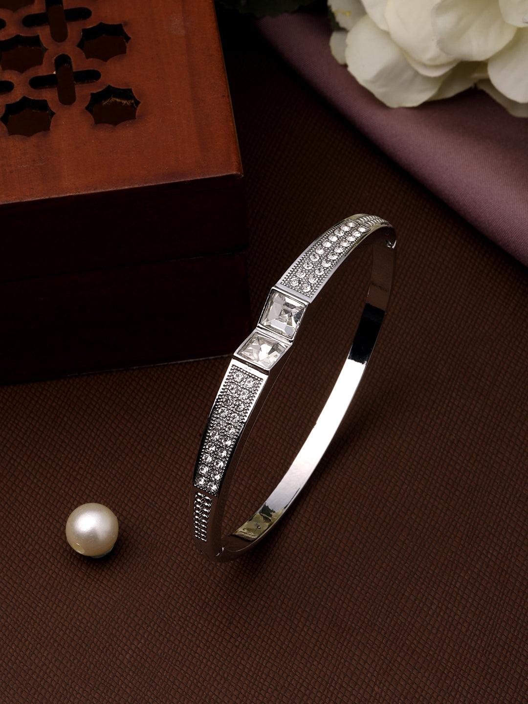 Stylish Austrian Stone Studded Rhodium Plated Adjustable Kada For Girls - ASMITTA Jewellery