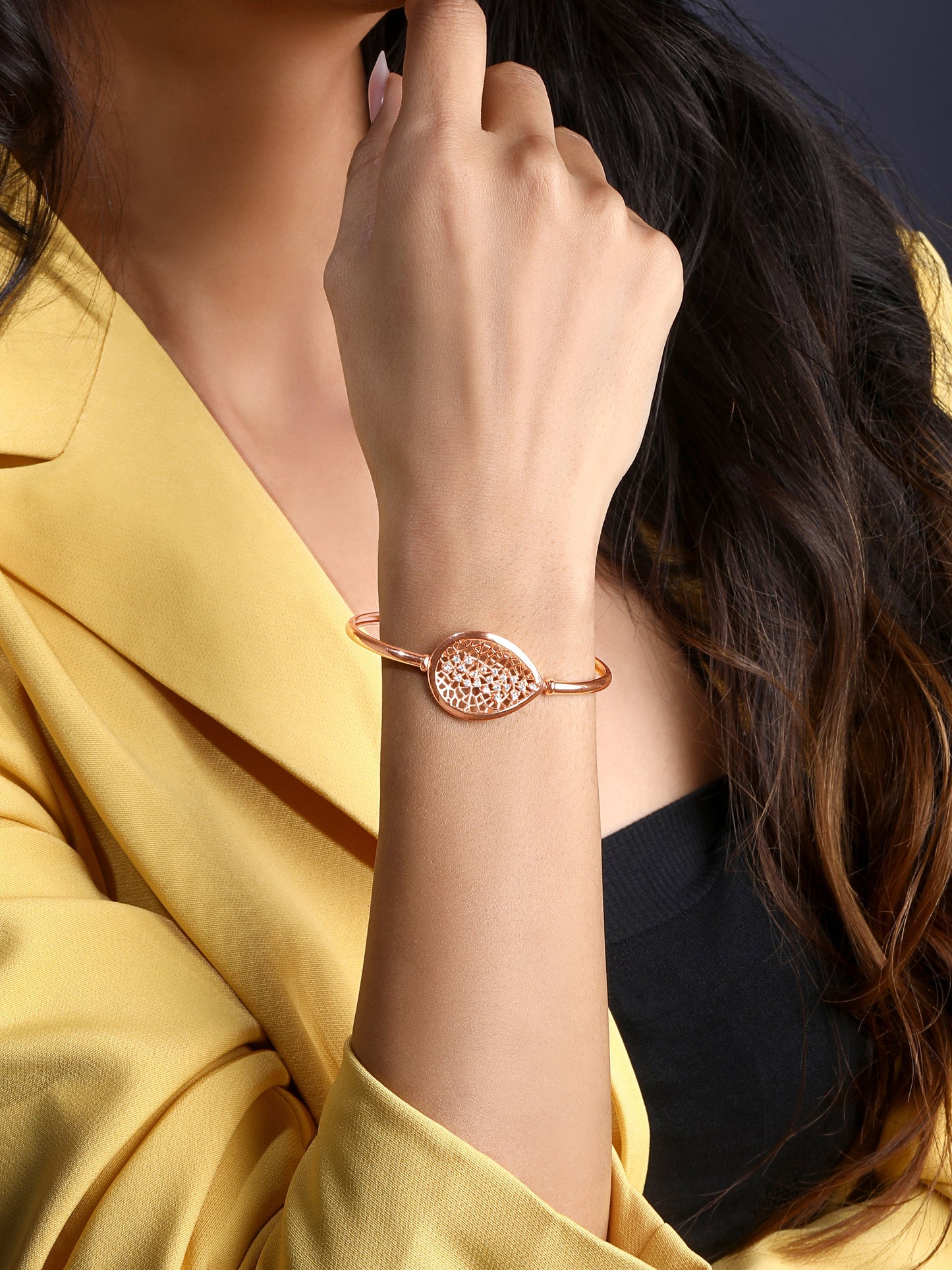 Rose Gold-Plated Cubic Zirconia Studded Kada Bracelet