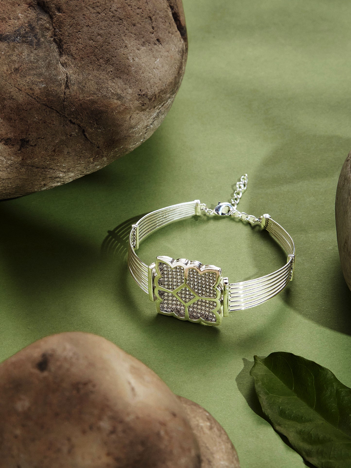 Rhodium-Plated Cubic Zirconia Studded Link Bracelet