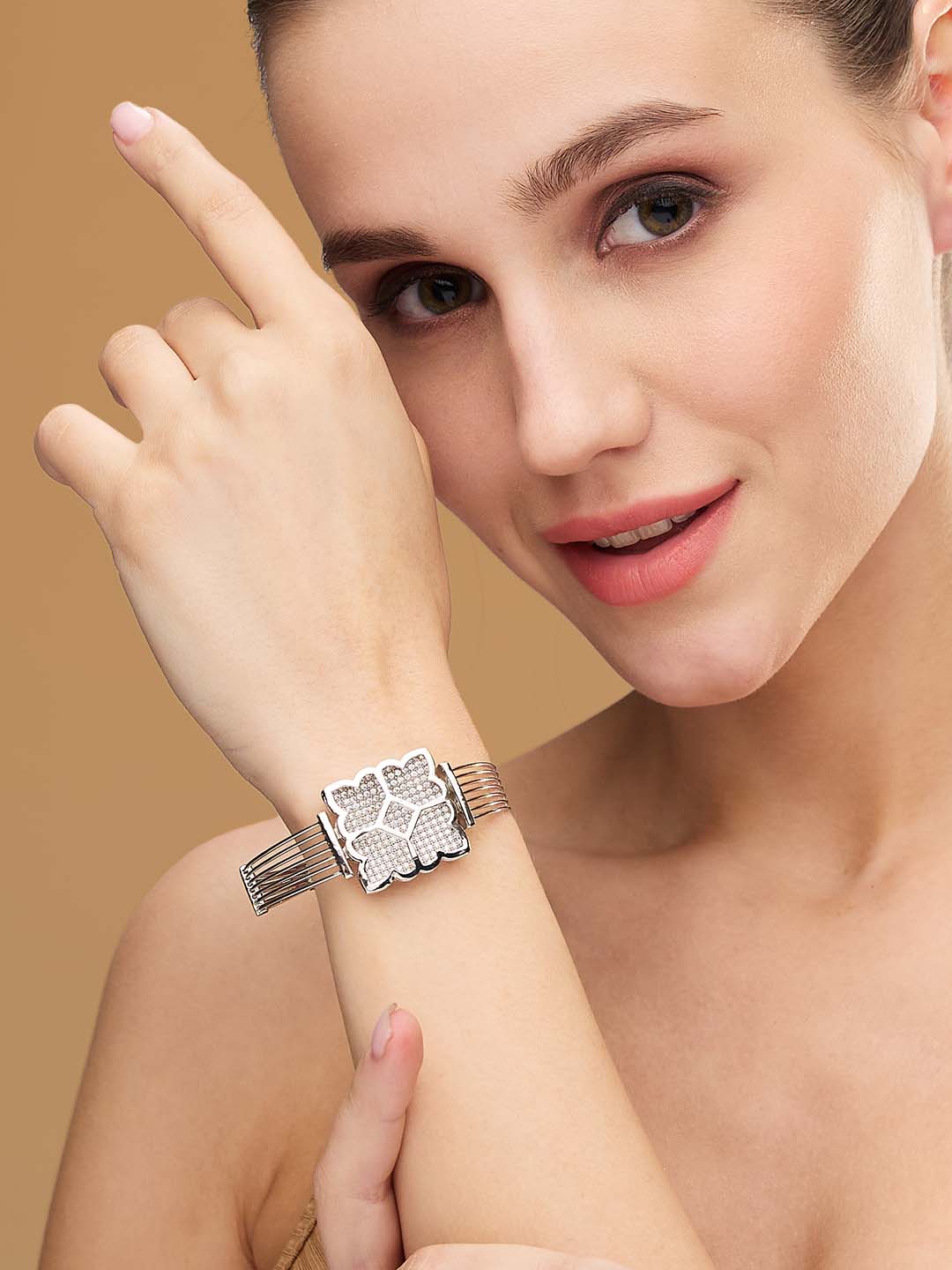 Rhodium-Plated Cubic Zirconia Studded Link Bracelet