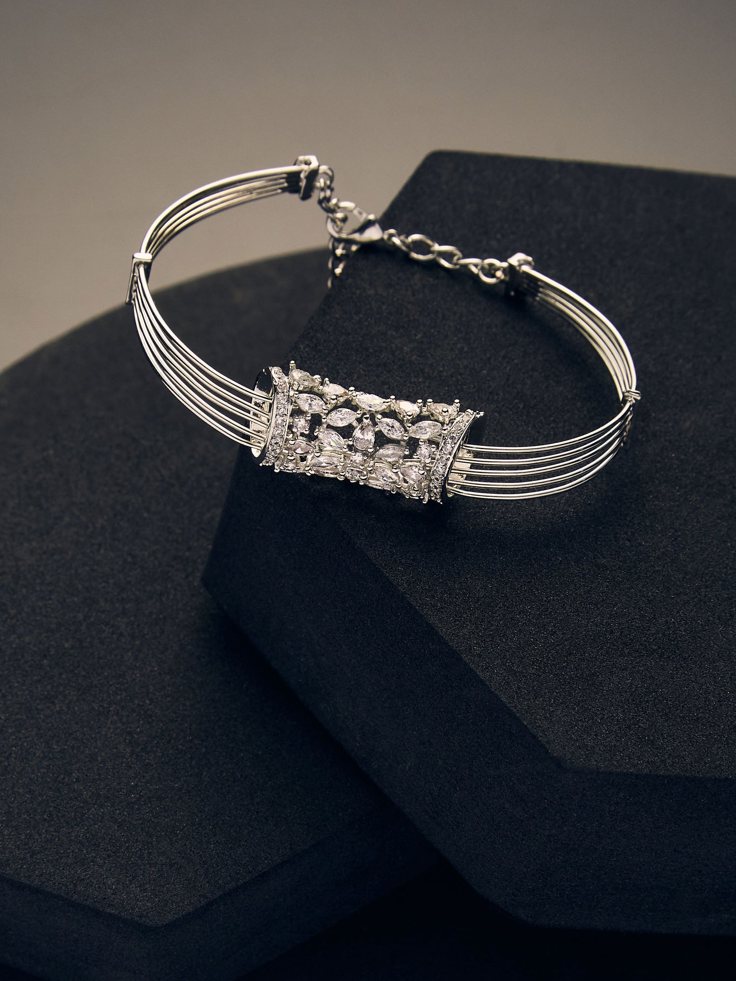 Rhodium-Plated American Diamond Studded Link Bracelet