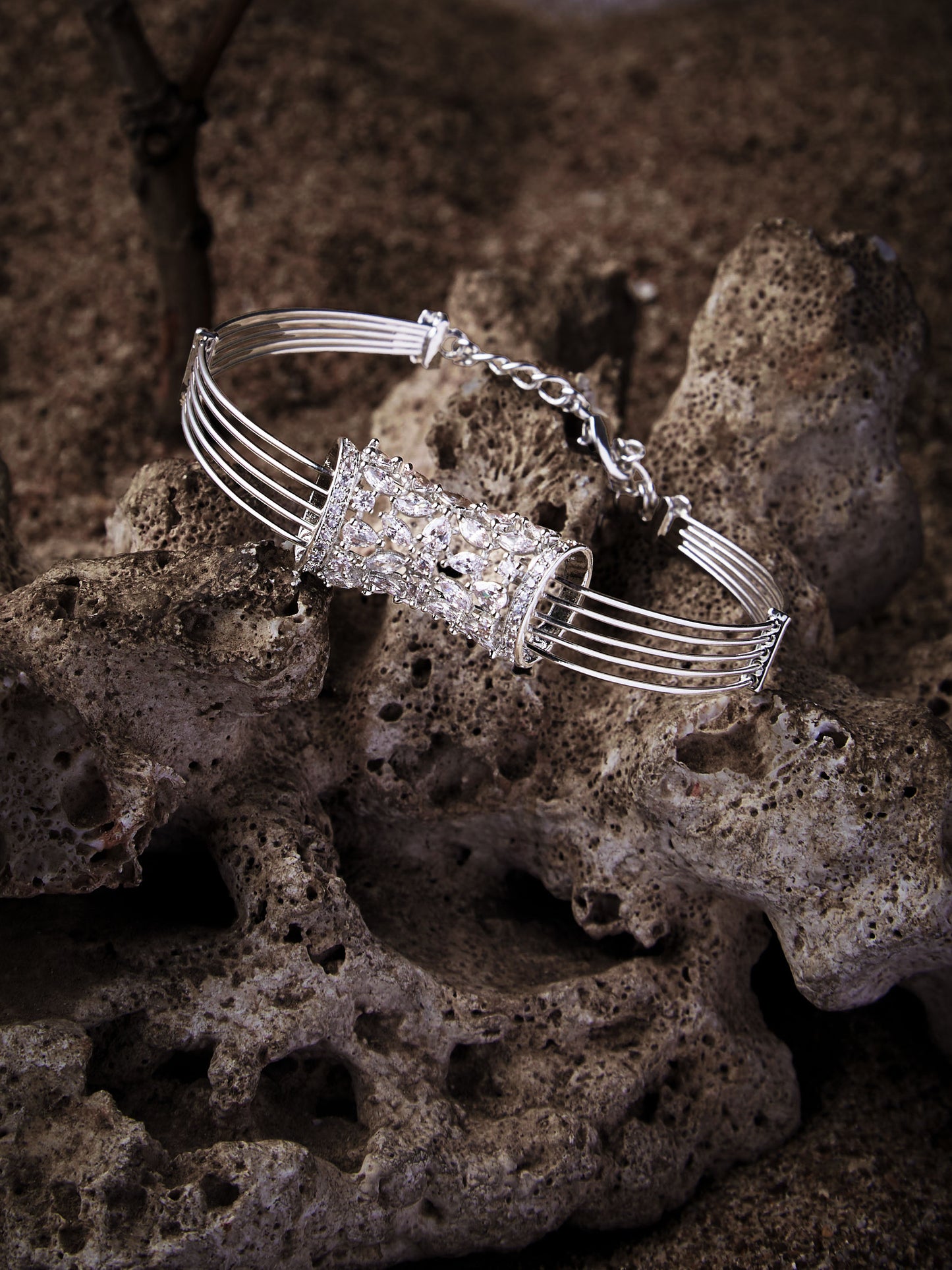 Rhodium-Plated American Diamond Studded Link Bracelet