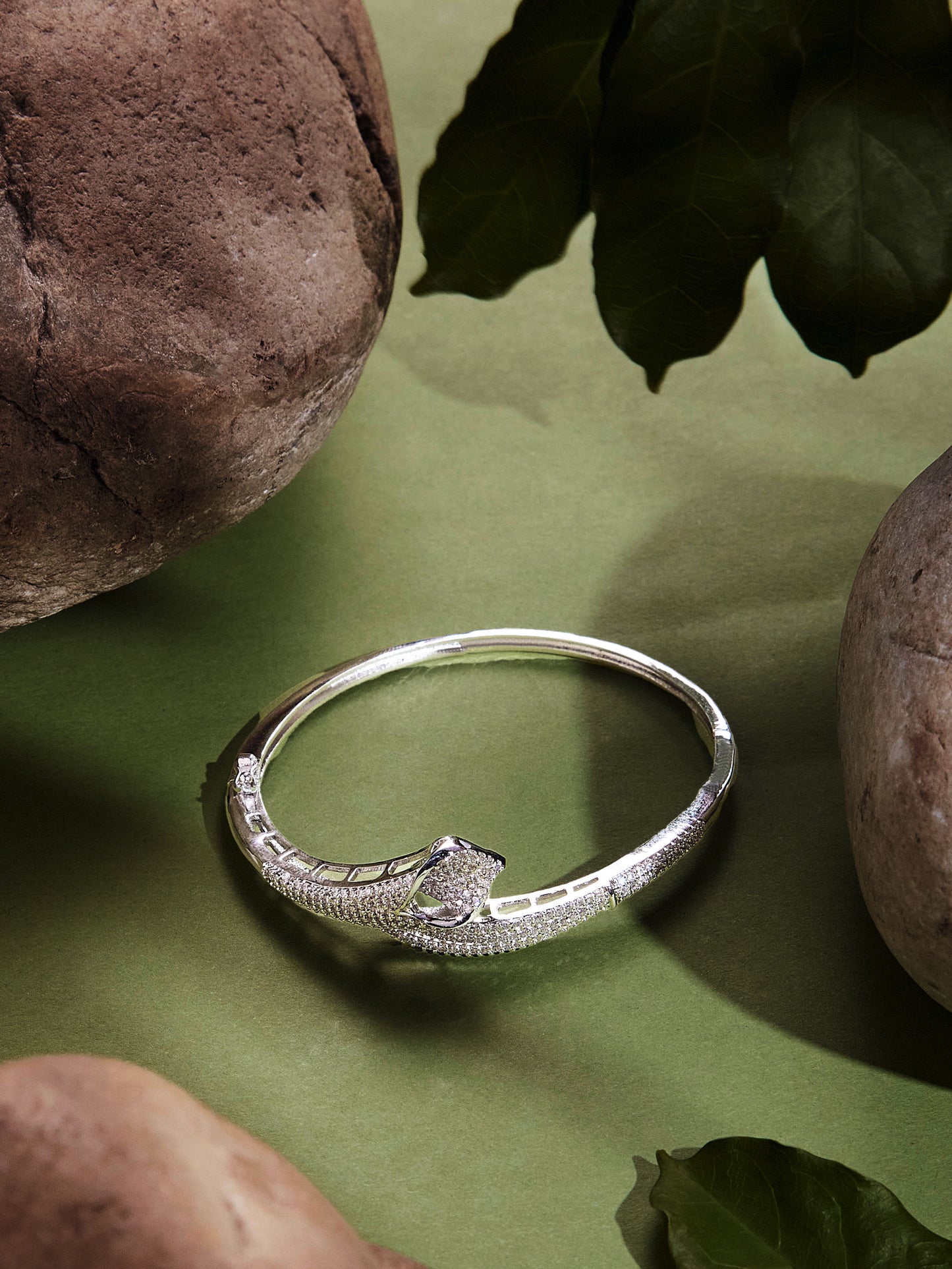 Rhodium-Plated Cubic Zirconia Studded Kada Bracelet