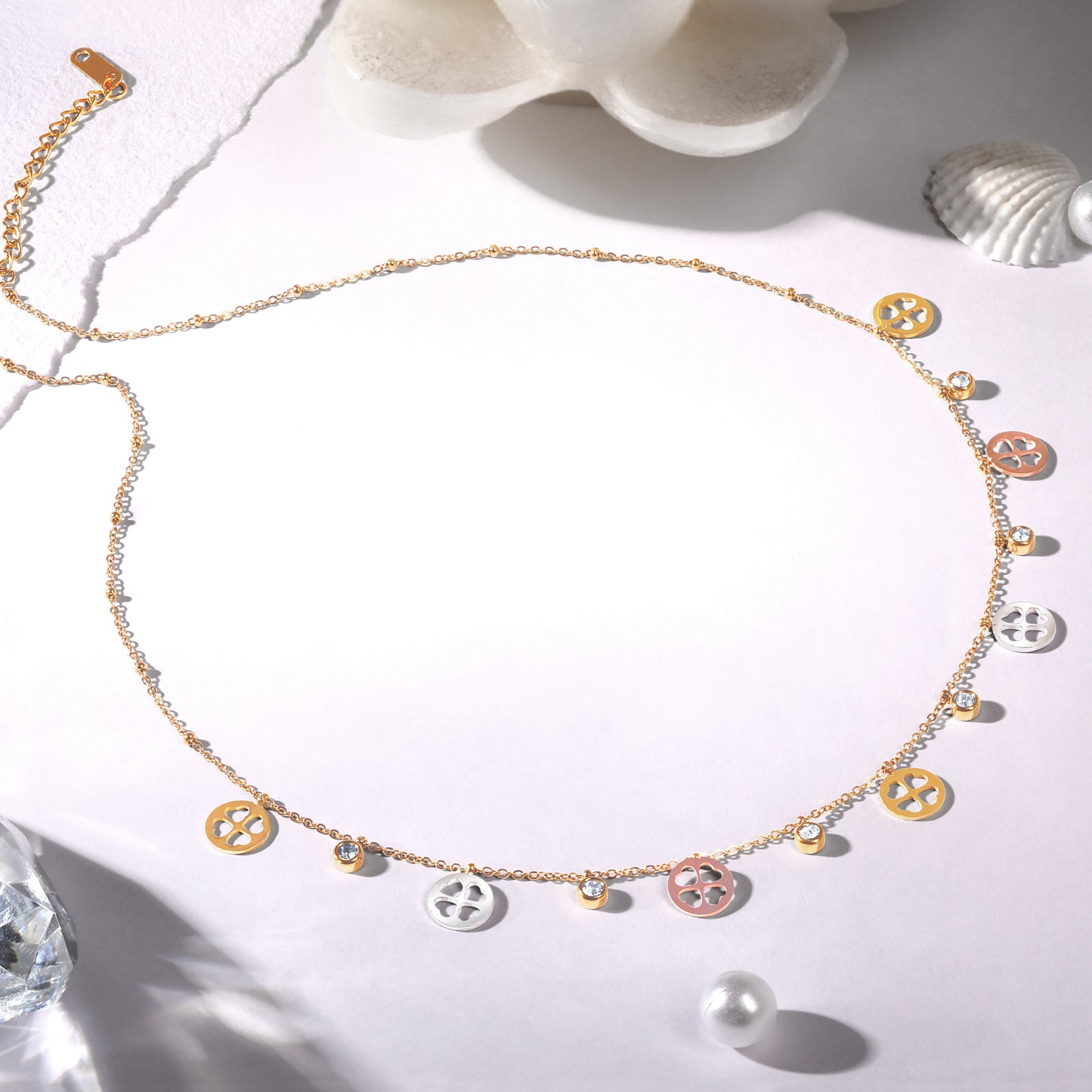 Gold Plated Brass Chain With American Diamond And Lobster Claw Clasp.