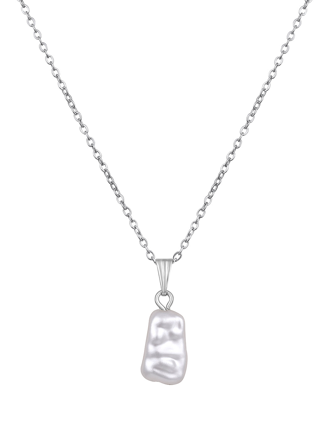 Contemporary Rhodium Plated Pearl Charm Pendant With Chain For Women