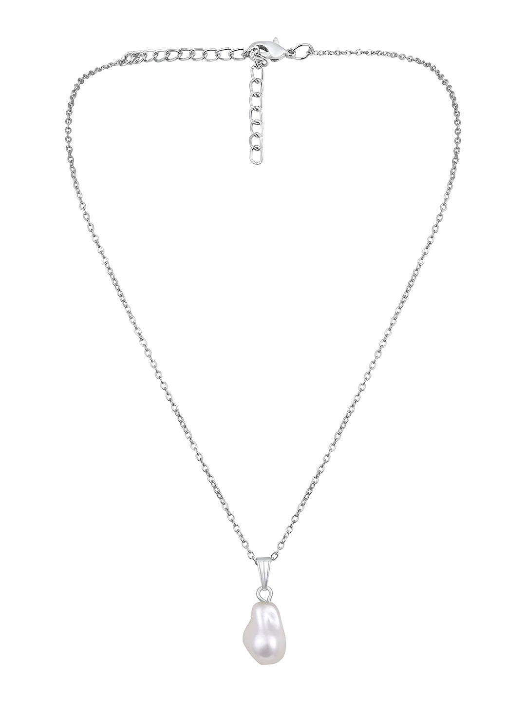 Contemporary Rhodium Plated Pearl Charm Pendant With Chain For Women
