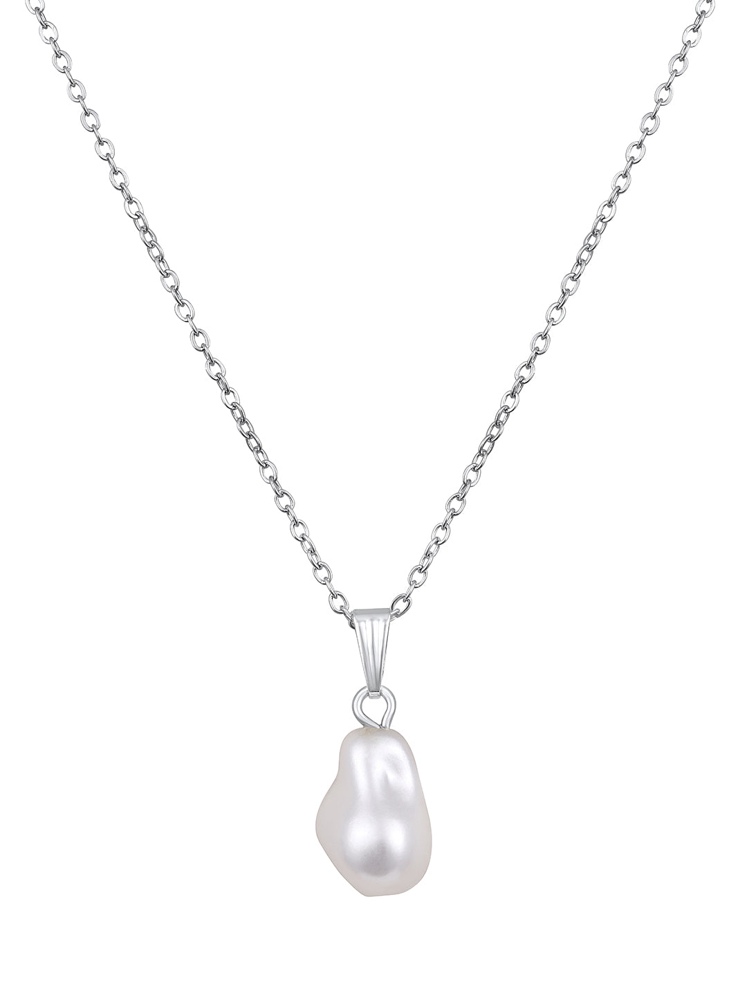 Contemporary Rhodium Plated Pearl Charm Pendant With Chain For Women