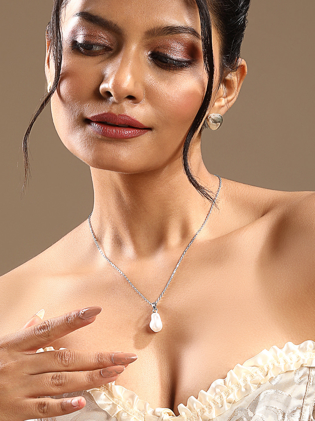 Contemporary Rhodium Plated Pearl Charm Pendant With Chain For Women