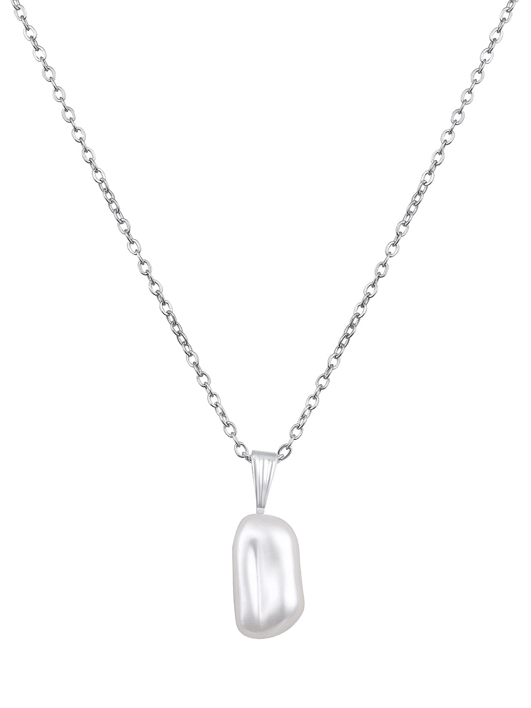 Contemporary Rhodium Plated Pearl Charm Pendant With Chain For Women