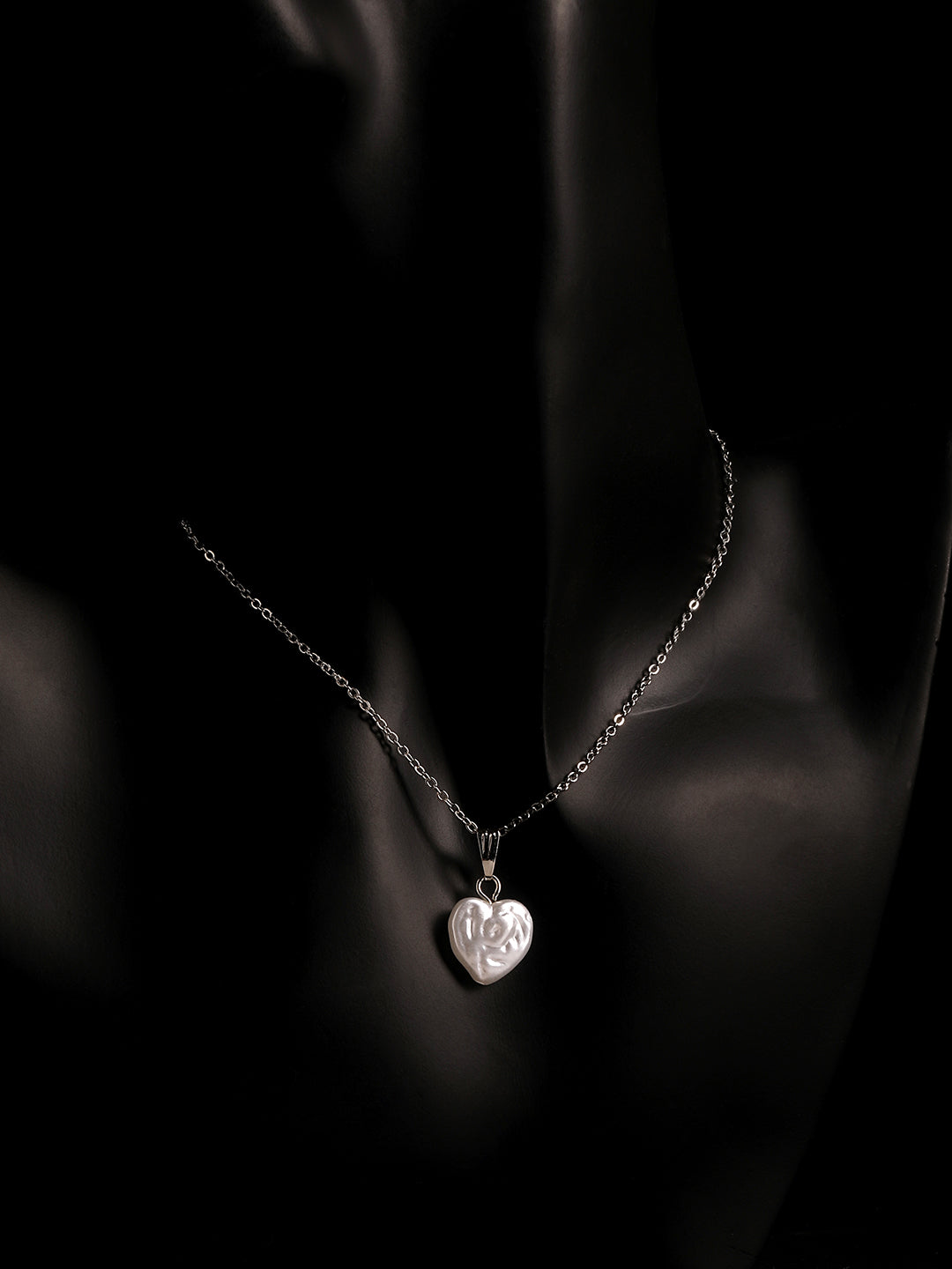 Heart shape pearl charm pendant with rhodium chain for women – minimal jewellery