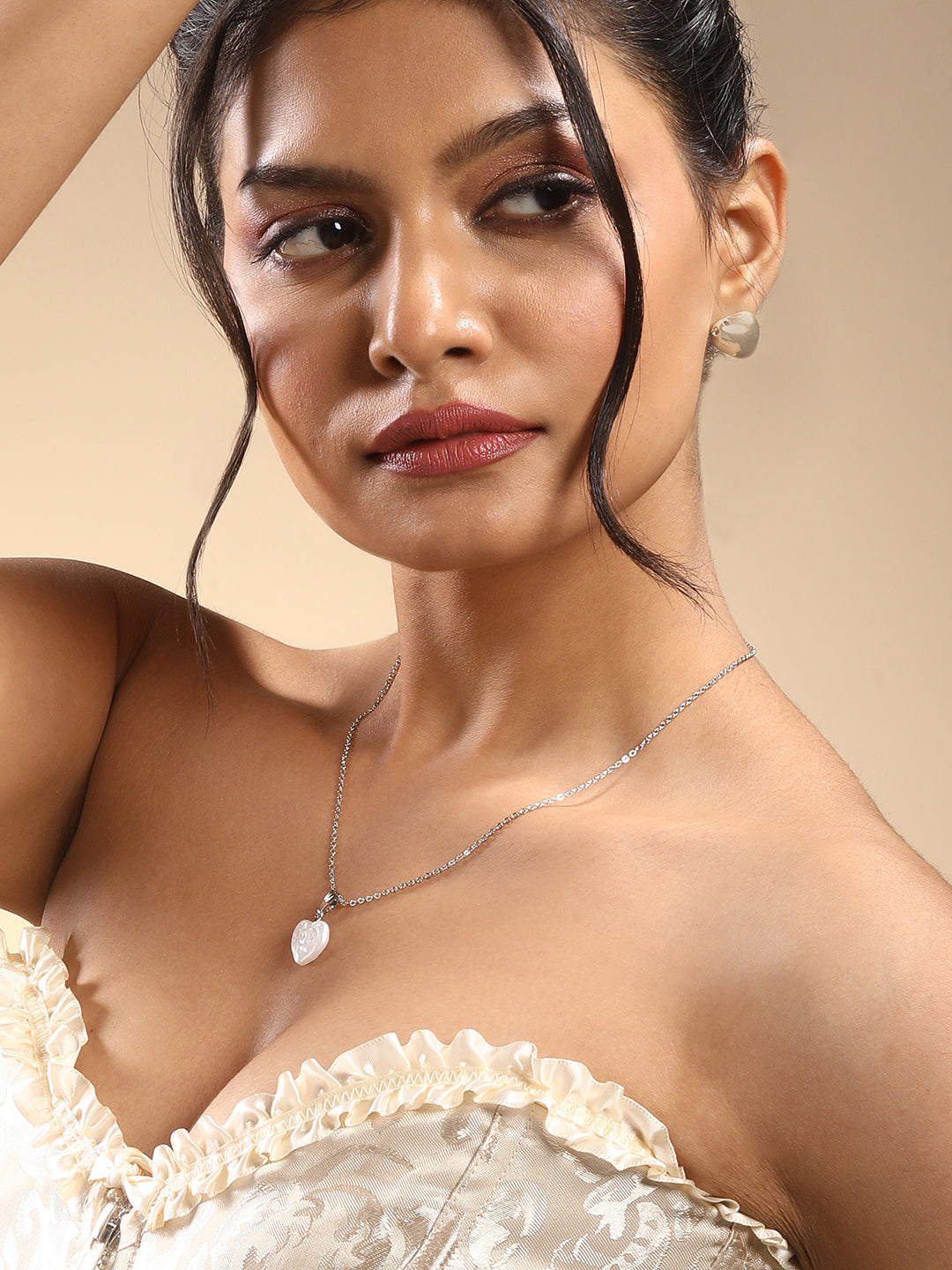 Heart shape pearl charm pendant with rhodium chain for women – minimal jewellery