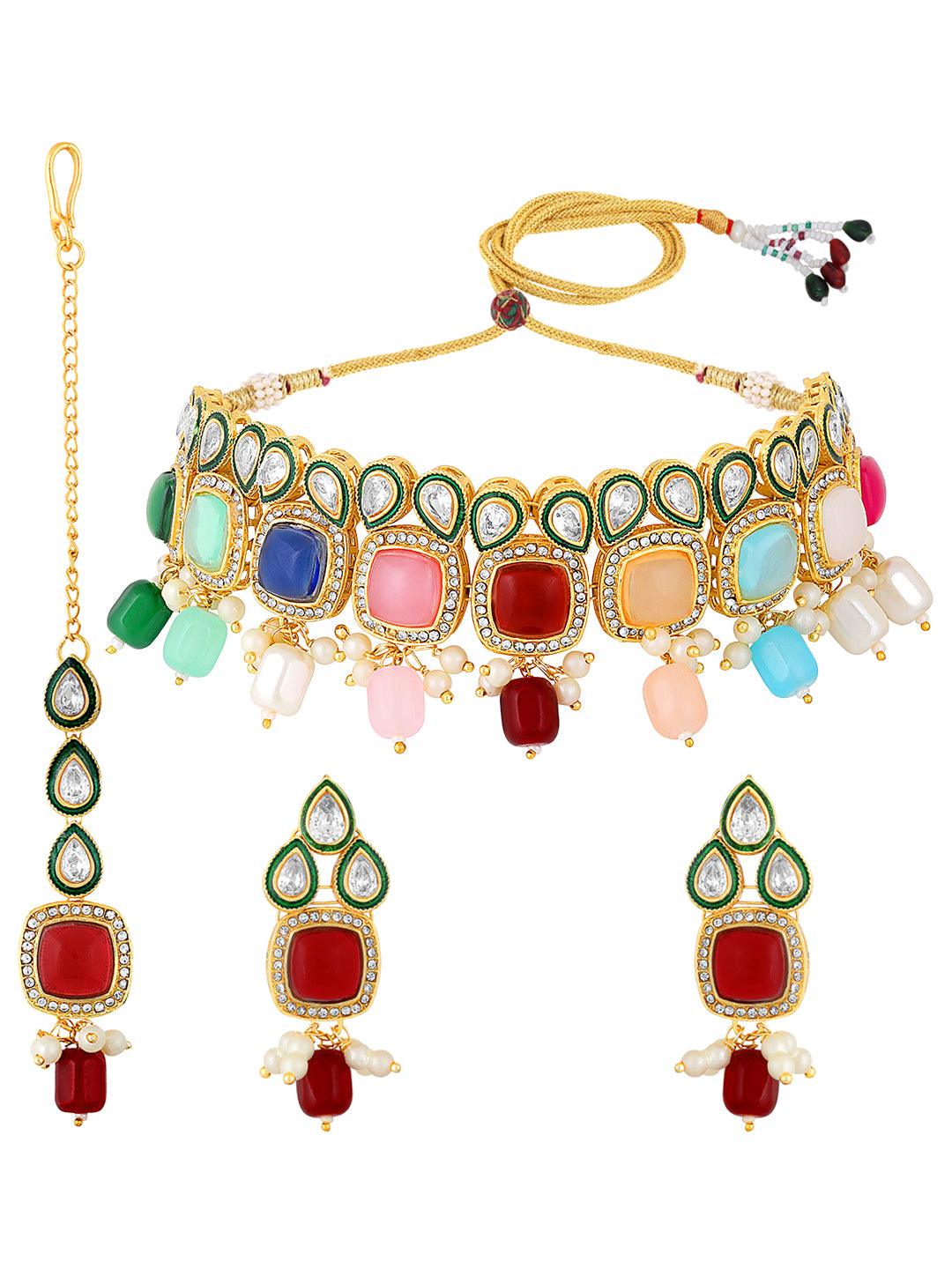 Gold Plated Kundan Studded Multicolor Ethnic Choker Jewellery Set - ASMITTA Jewellery