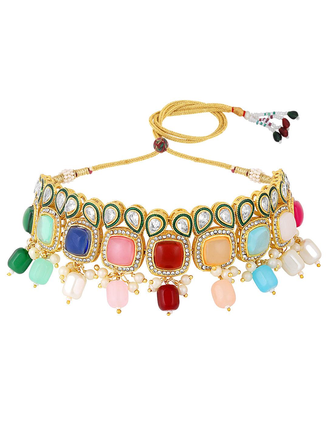 Gold Plated Kundan Studded Multicolor Ethnic Choker Jewellery Set - ASMITTA Jewellery