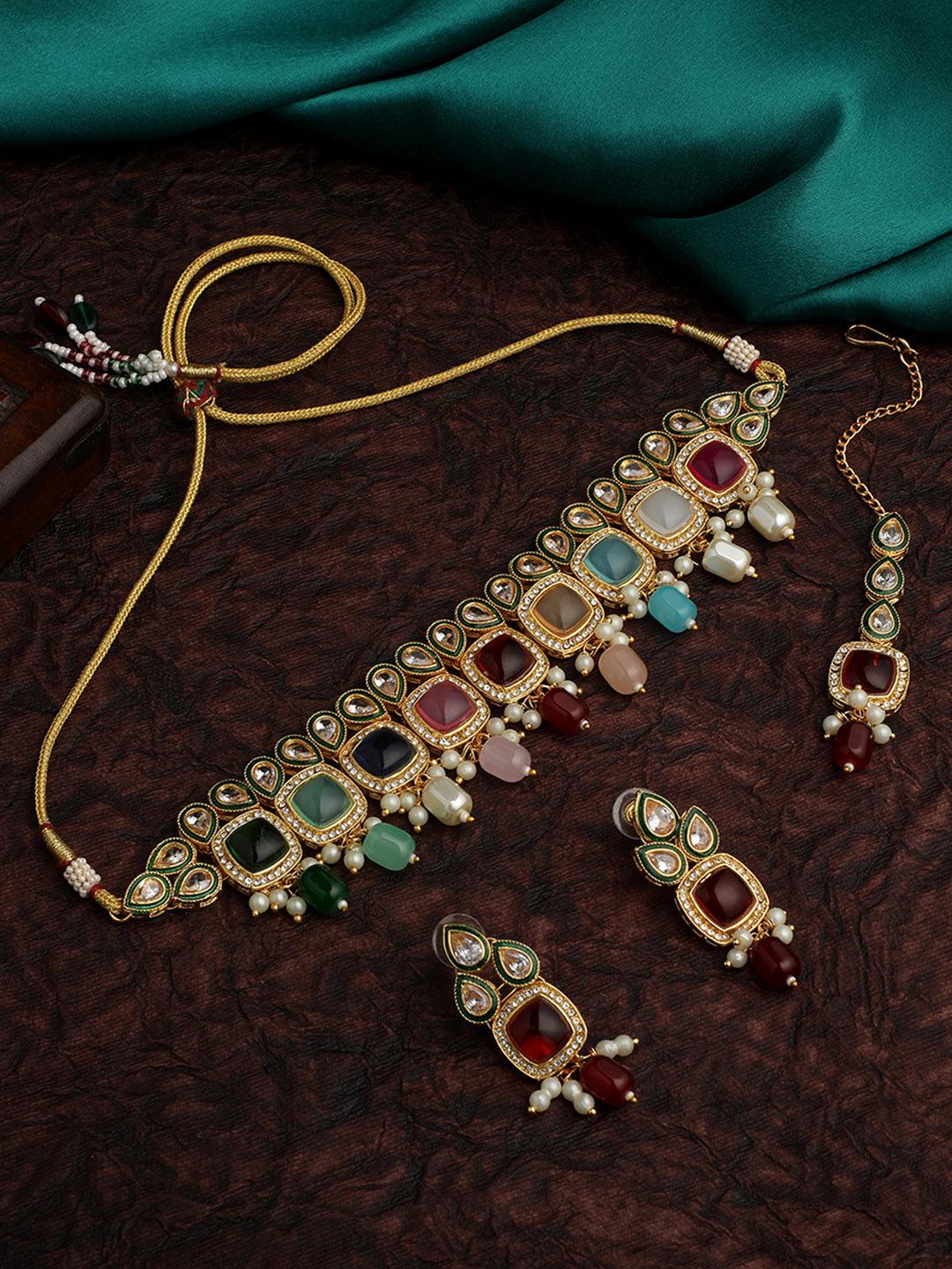 Gold Plated Kundan Studded Multicolor Ethnic Choker Jewellery Set - ASMITTA Jewellery