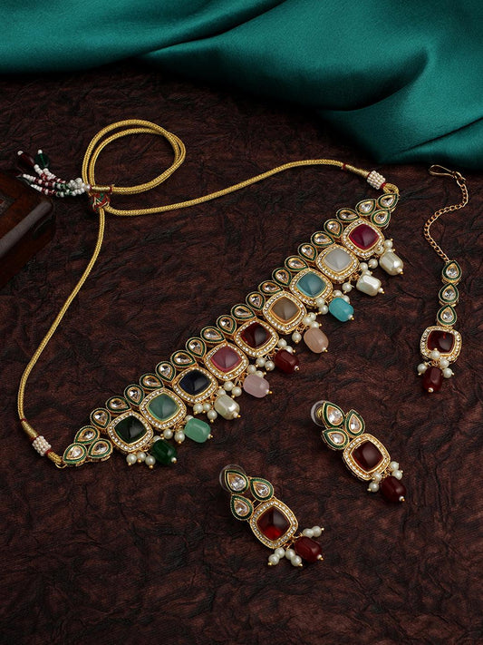 Gold Plated Kundan Studded Multicolor Ethnic Choker Jewellery Set - ASMITTA Jewellery