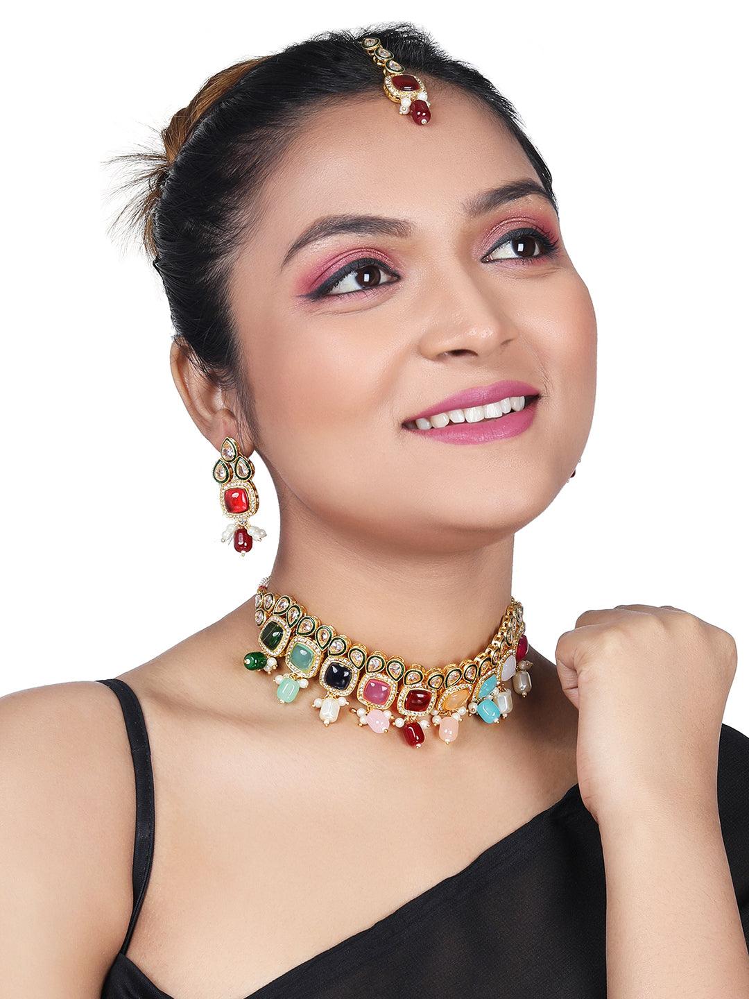 Gold Plated Kundan Studded Multicolor Ethnic Choker Jewellery Set - ASMITTA Jewellery
