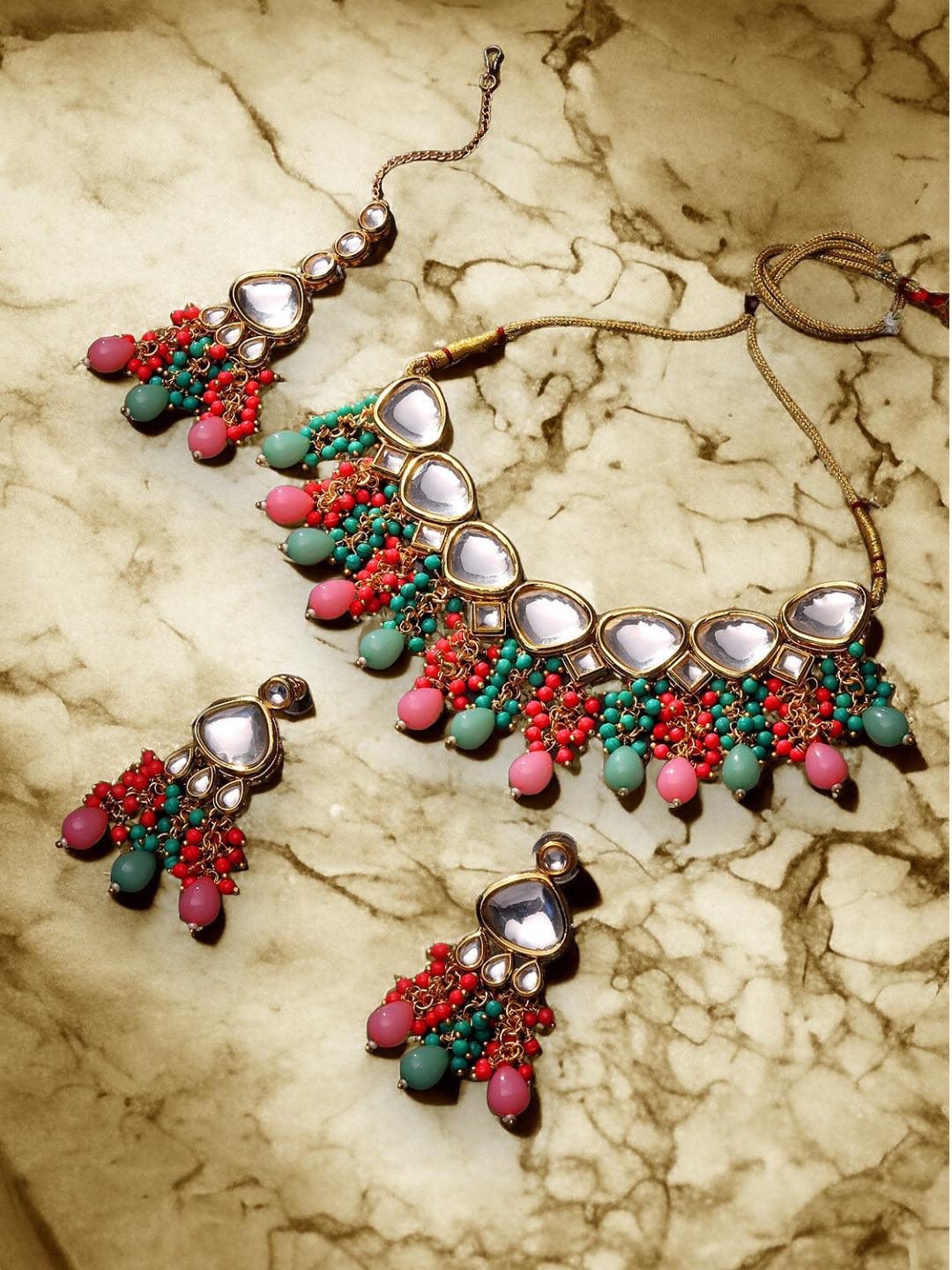 Gold Plated Kundan Studded Multicolor Ethnic Choker Necklace Set - ASMITTA Jewellery