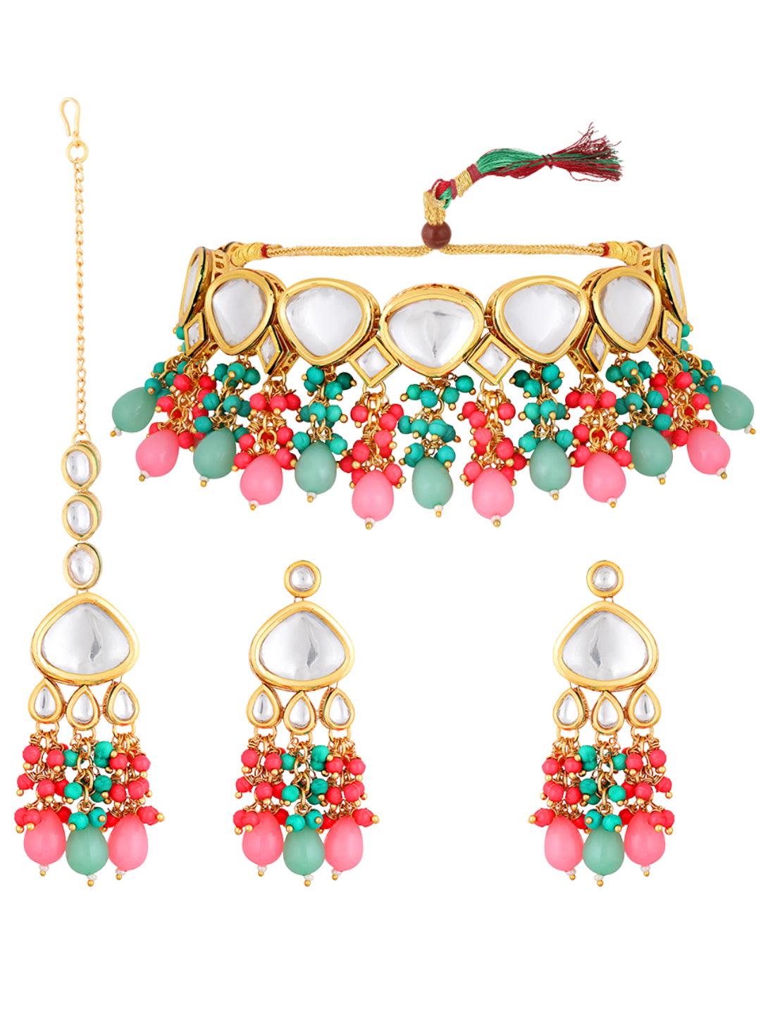 Gold Plated Kundan Studded Multicolor Ethnic Choker Necklace Set - ASMITTA Jewellery
