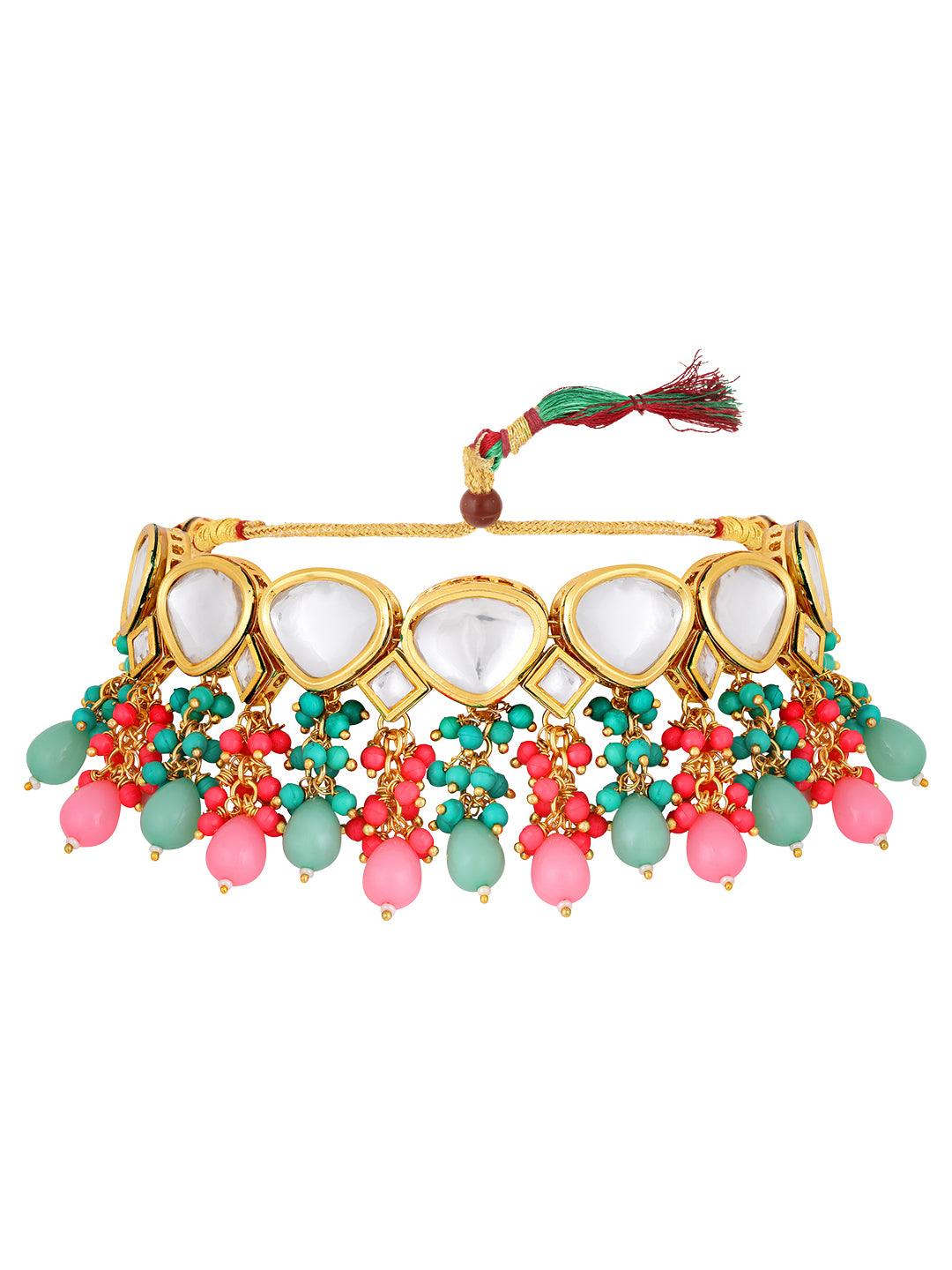 Gold Plated Kundan Studded Multicolor Ethnic Choker Necklace Set - ASMITTA Jewellery