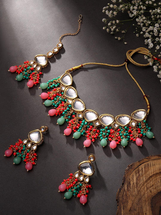 Gold Plated Kundan Studded Multicolor Ethnic Choker Necklace Set - ASMITTA Jewellery