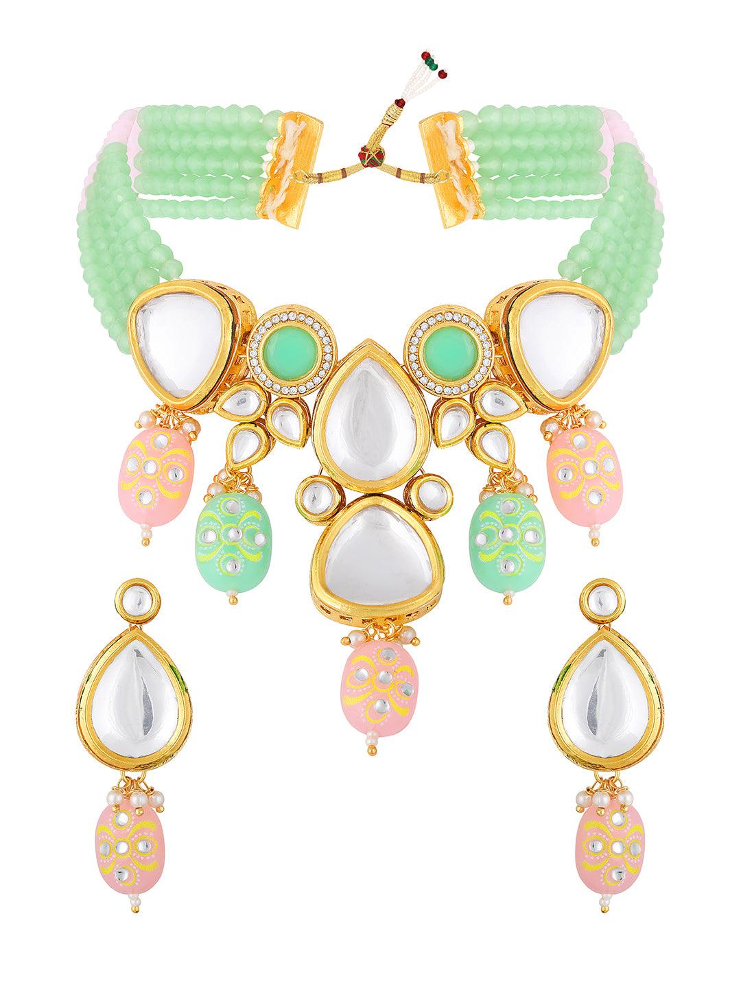Gold Plated Kundan Studded Multicolor Choker Jewellery Set - ASMITTA Jewellery