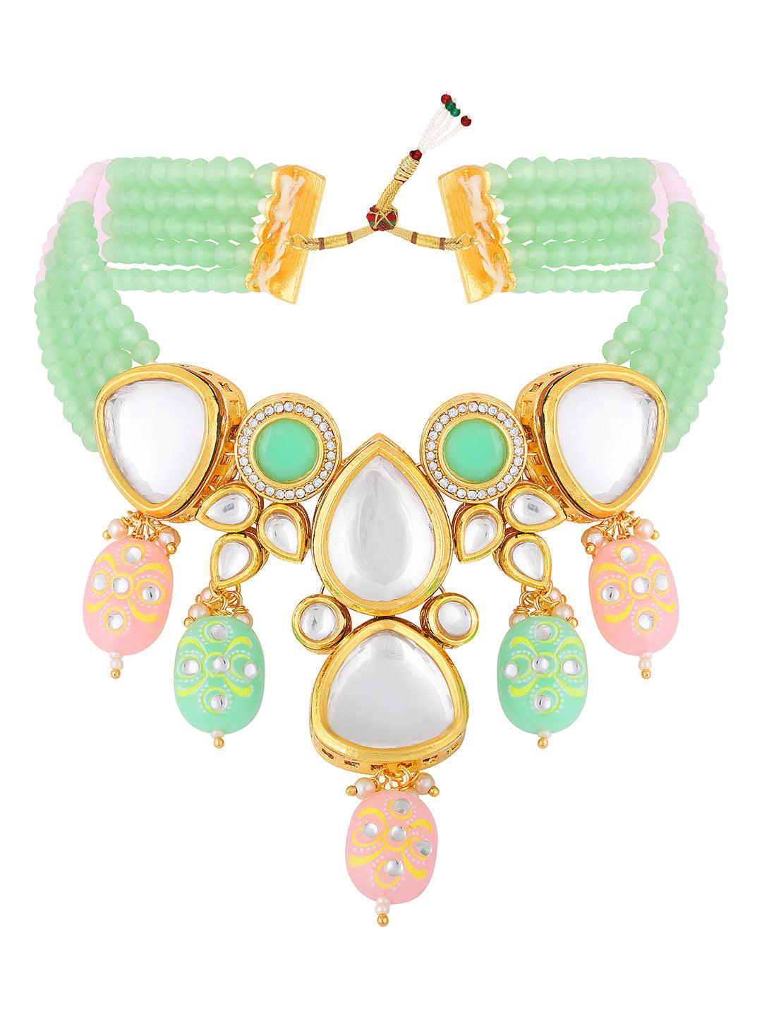 Gold Plated Kundan Studded Multicolor Choker Jewellery Set - ASMITTA Jewellery