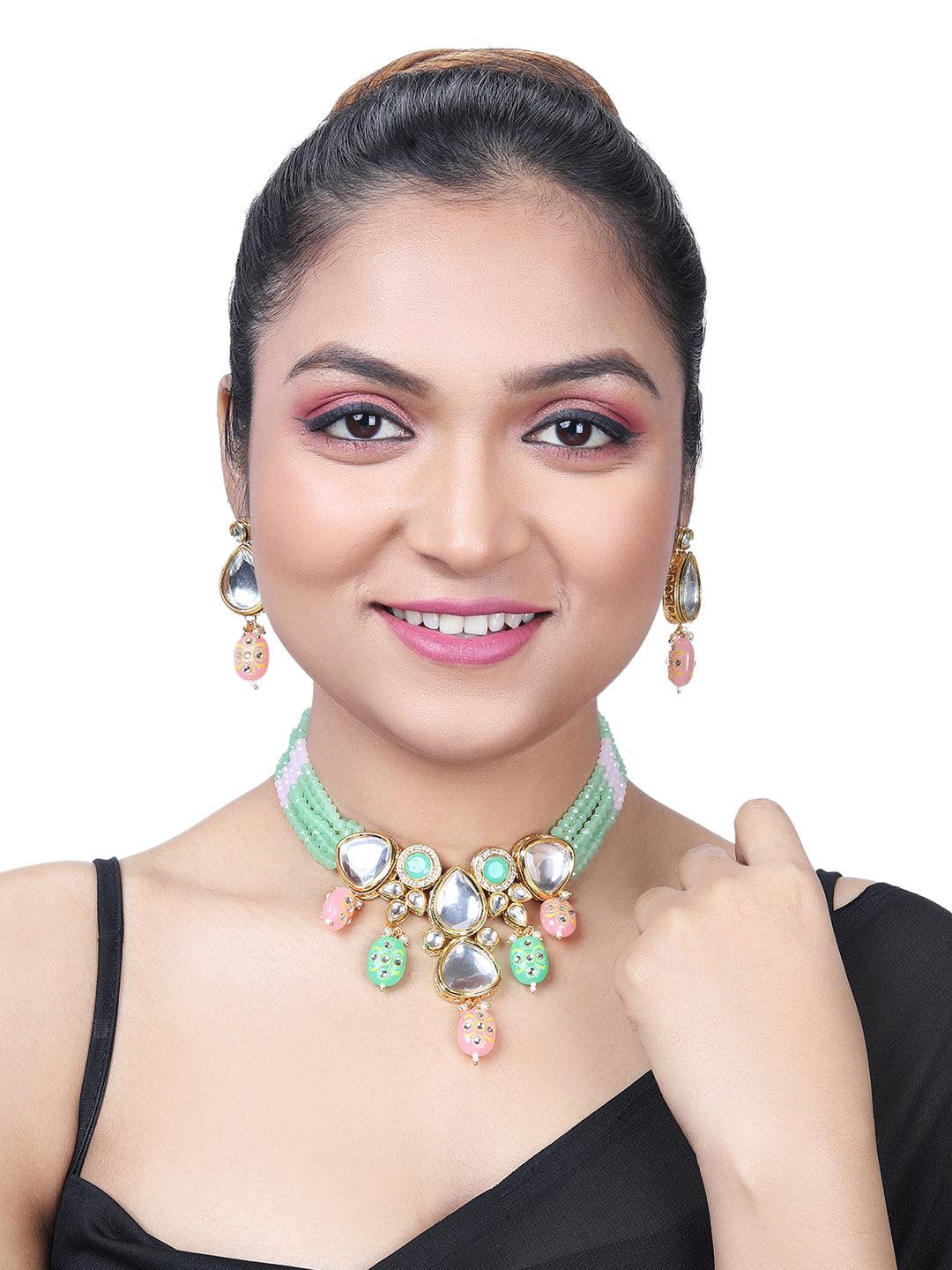 Gold Plated Kundan Studded Multicolor Choker Jewellery Set - ASMITTA Jewellery