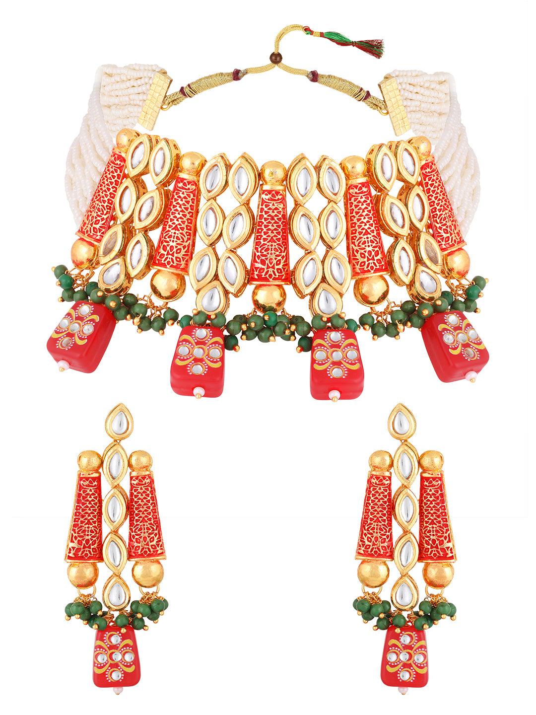 Gold Plated Kundan Studded Pearl Beaded Multicolor Ethnic Choker Jewellery Set - ASMITTA Jewellery