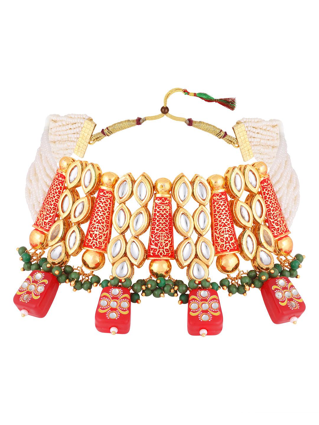 Gold Plated Kundan Studded Pearl Beaded Multicolor Ethnic Choker Jewellery Set - ASMITTA Jewellery