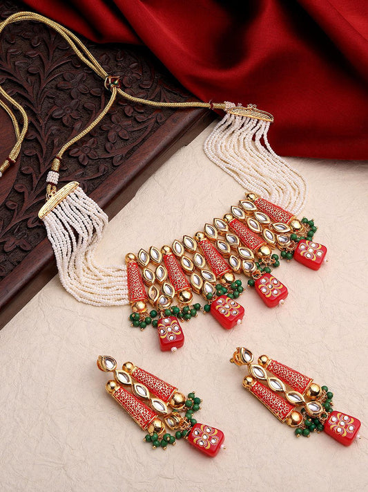 Gold Plated Kundan Studded Pearl Beaded Multicolor Ethnic Choker Jewellery Set - ASMITTA Jewellery