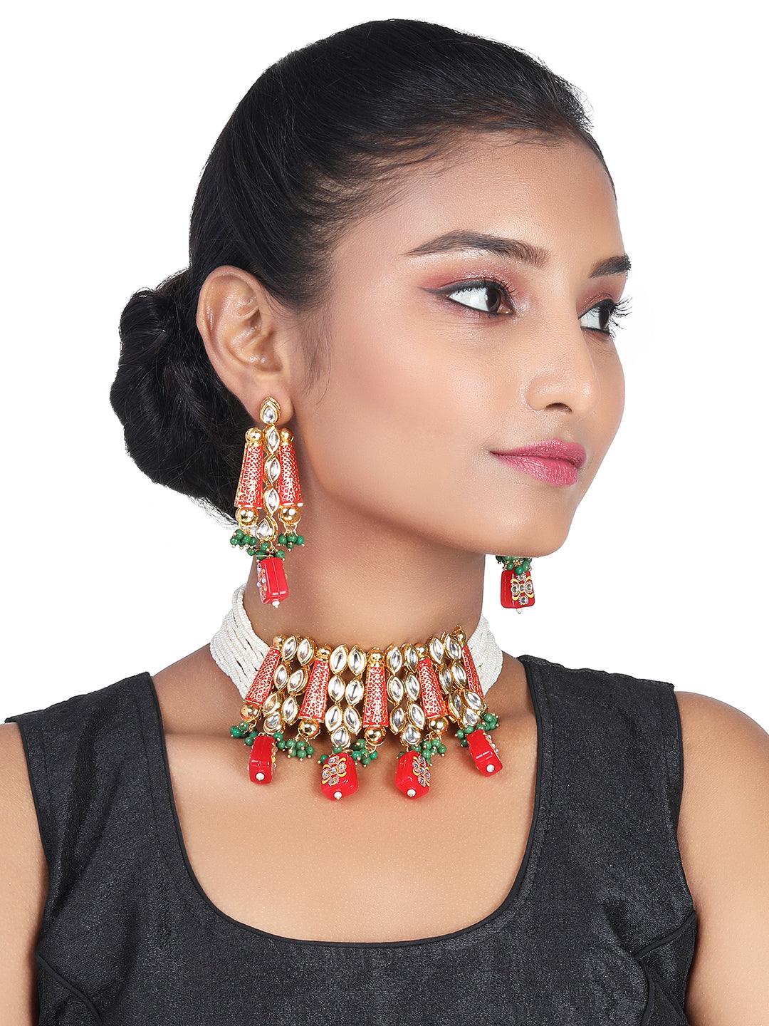 Gold Plated Kundan Studded Pearl Beaded Multicolor Ethnic Choker Jewellery Set - ASMITTA Jewellery