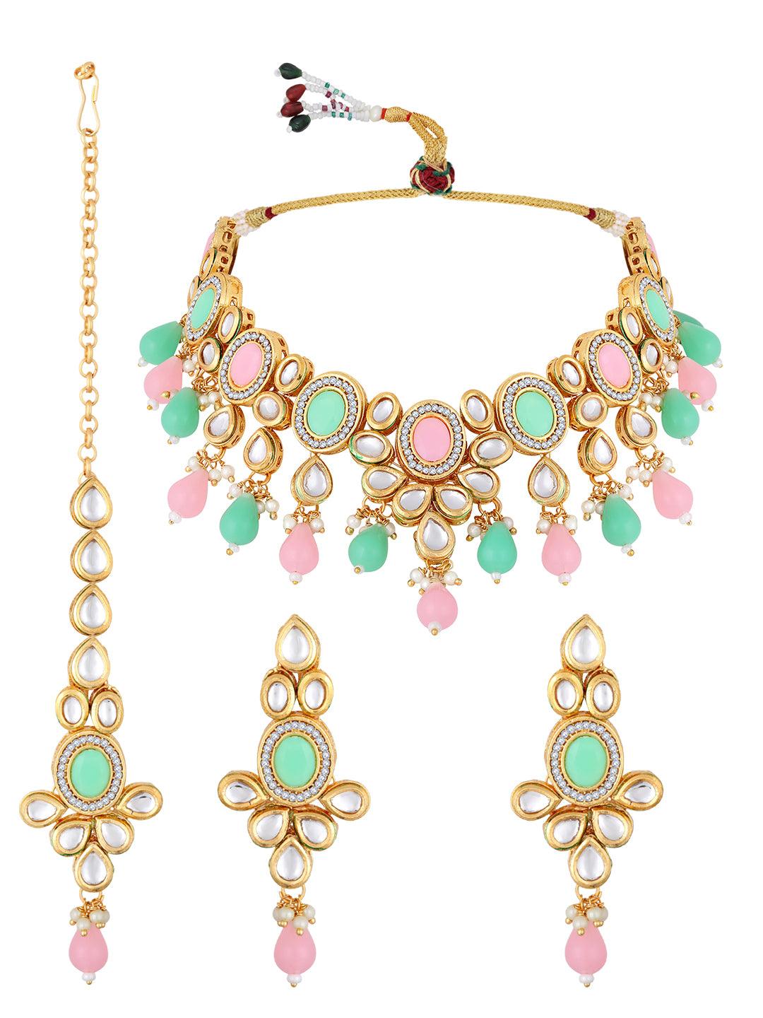 Gold Plated Kundan Studded Multicolor Ethnic Choker Jewellery Set - ASMITTA Jewellery