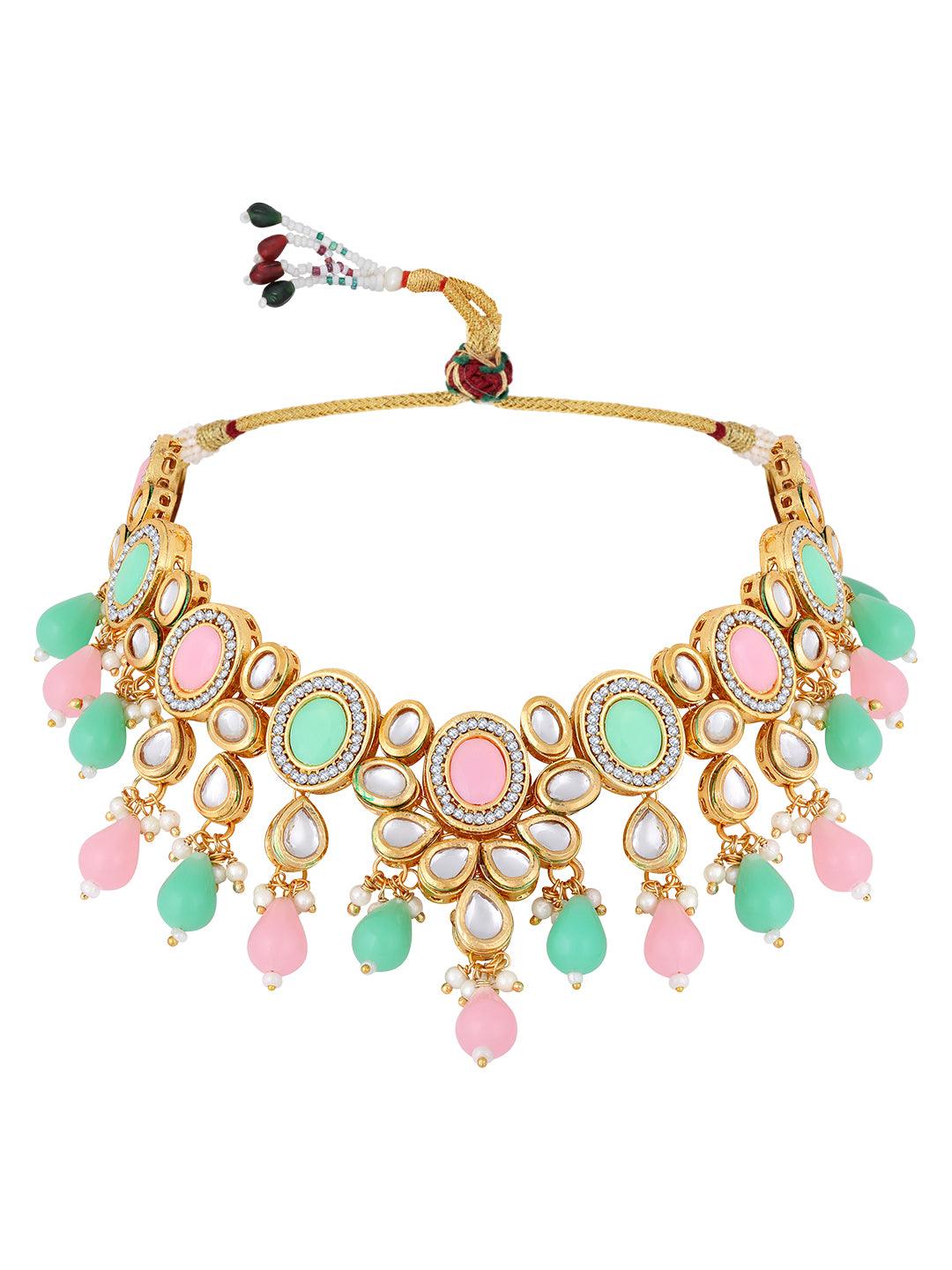 Gold Plated Kundan Studded Multicolor Ethnic Choker Jewellery Set - ASMITTA Jewellery