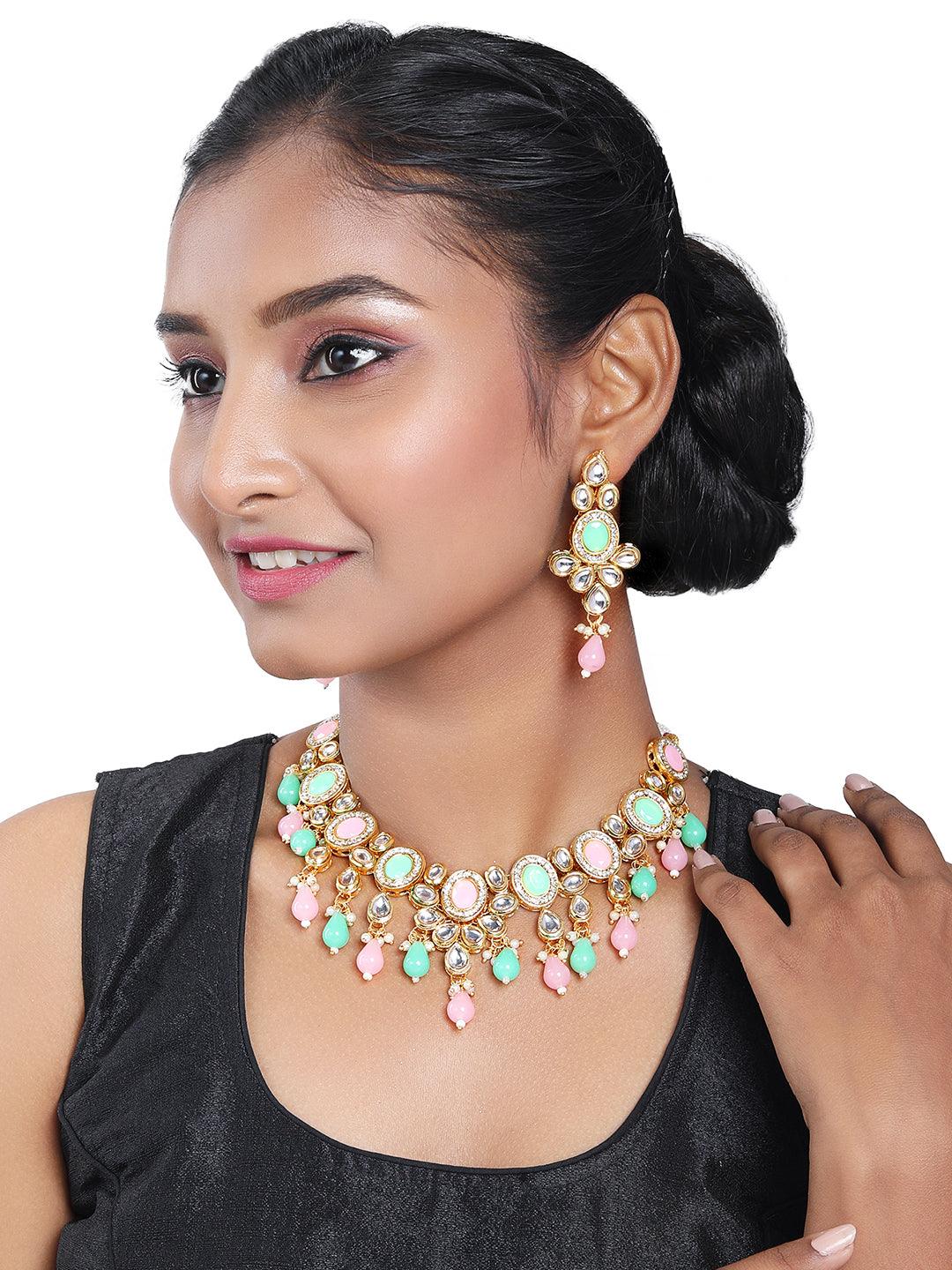 Gold Plated Kundan Studded Multicolor Ethnic Choker Jewellery Set - ASMITTA Jewellery