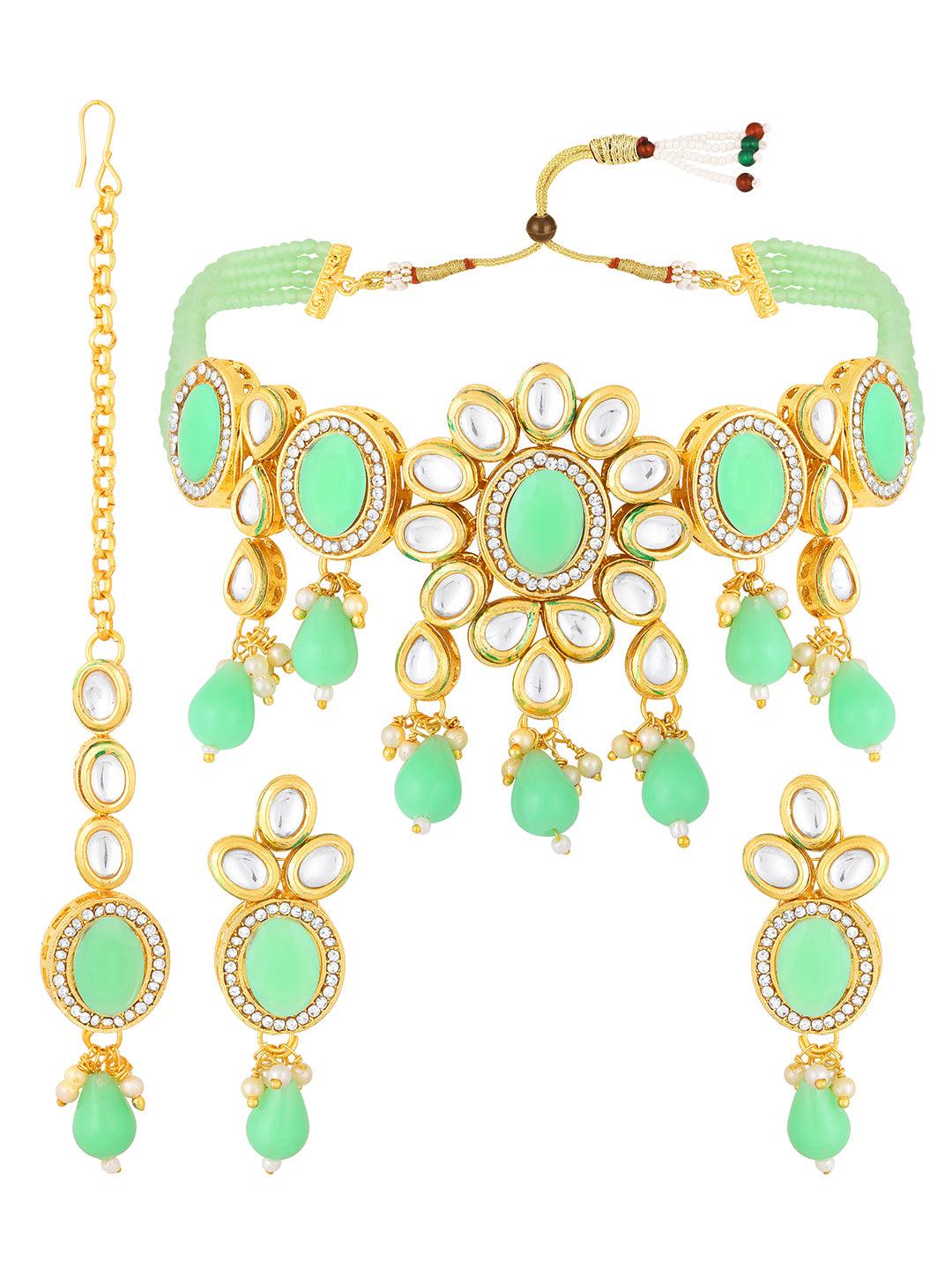 Gold Plated Kundan Studded Pearl Beaded Ethnic Choker Jewellery Set - ASMITTA Jewellery