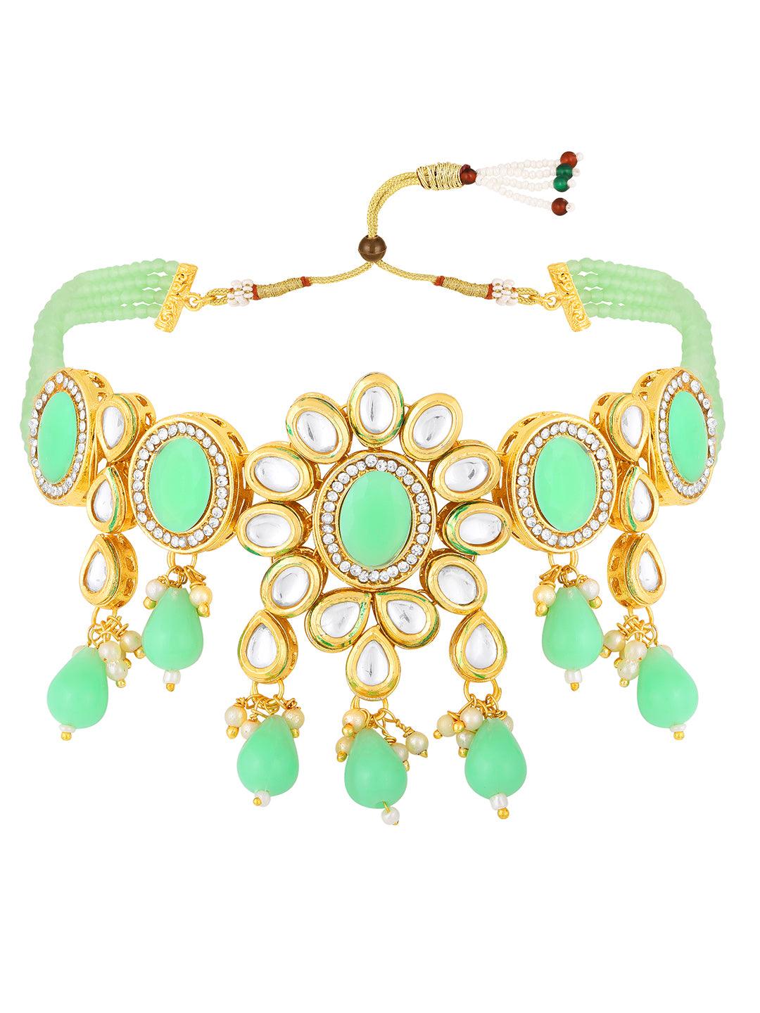Gold Plated Kundan Studded Pearl Beaded Ethnic Choker Jewellery Set - ASMITTA Jewellery