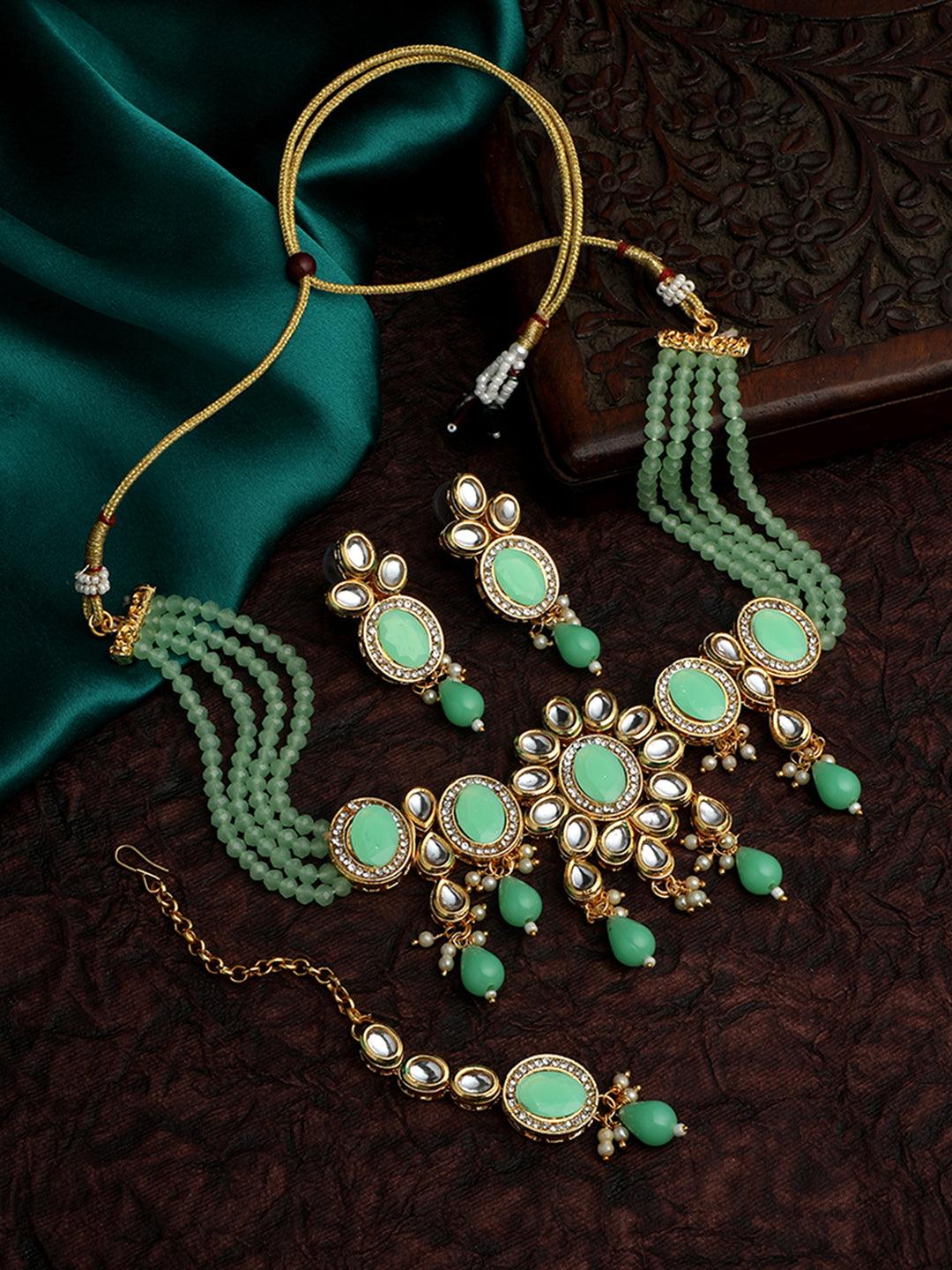 Gold Plated Kundan Studded Pearl Beaded Ethnic Choker Jewellery Set - ASMITTA Jewellery