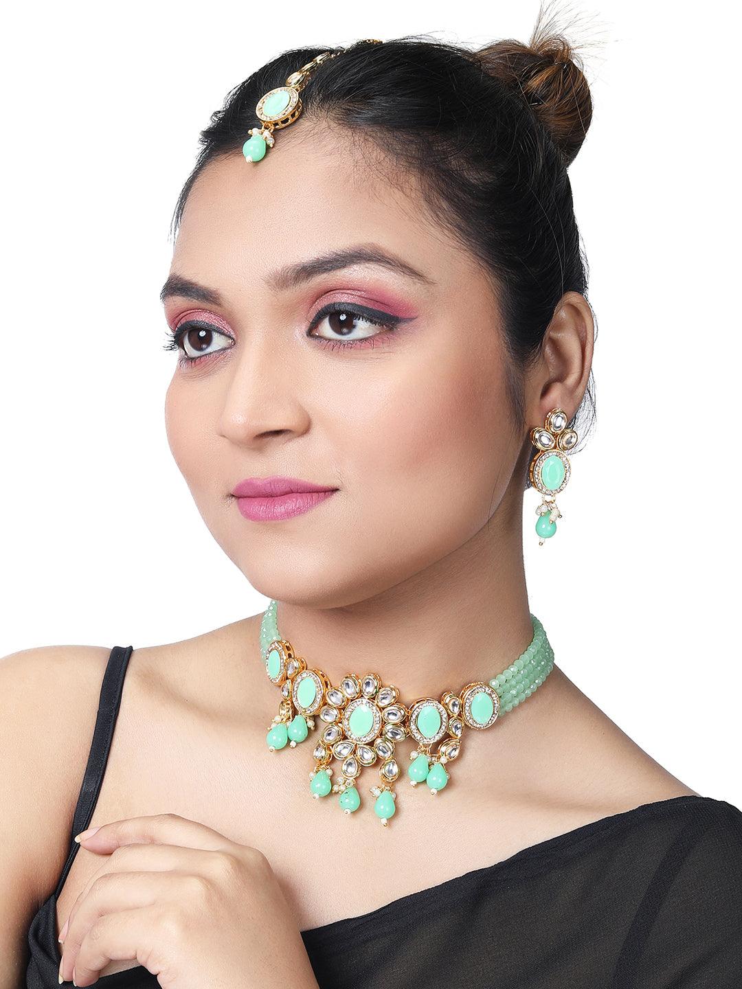 Gold Plated Kundan Studded Pearl Beaded Ethnic Choker Jewellery Set - ASMITTA Jewellery