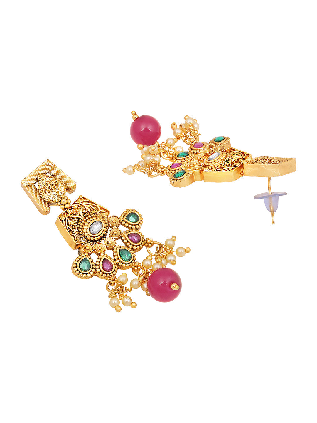 Gold-Plated Multicolor Kundan Pearl Dangle Earrings With Necklace Set