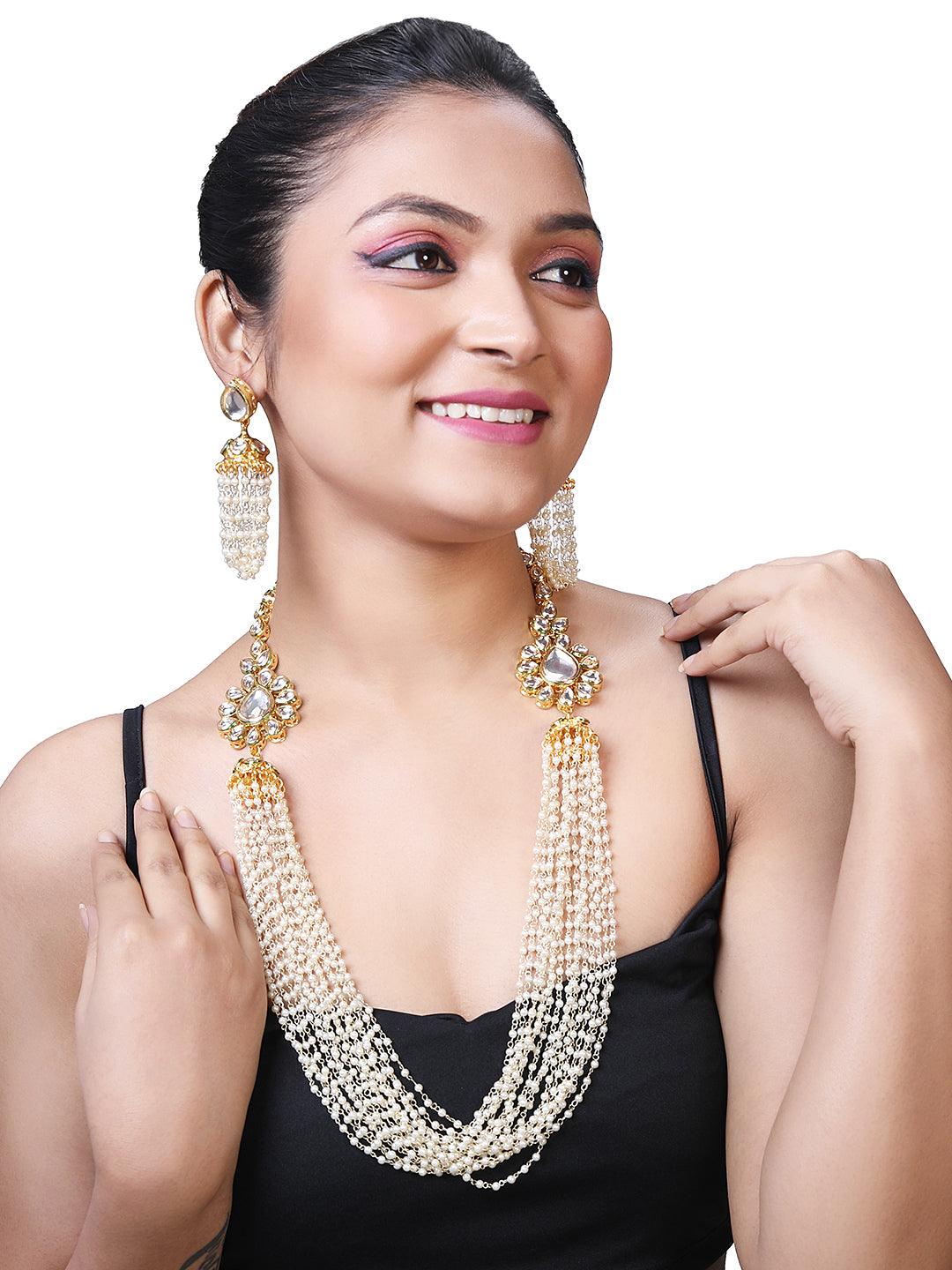 Gold Plated Kundan Studded Pearls Beaded Long Ethnic Jewellery Set - ASMITTA Jewellery