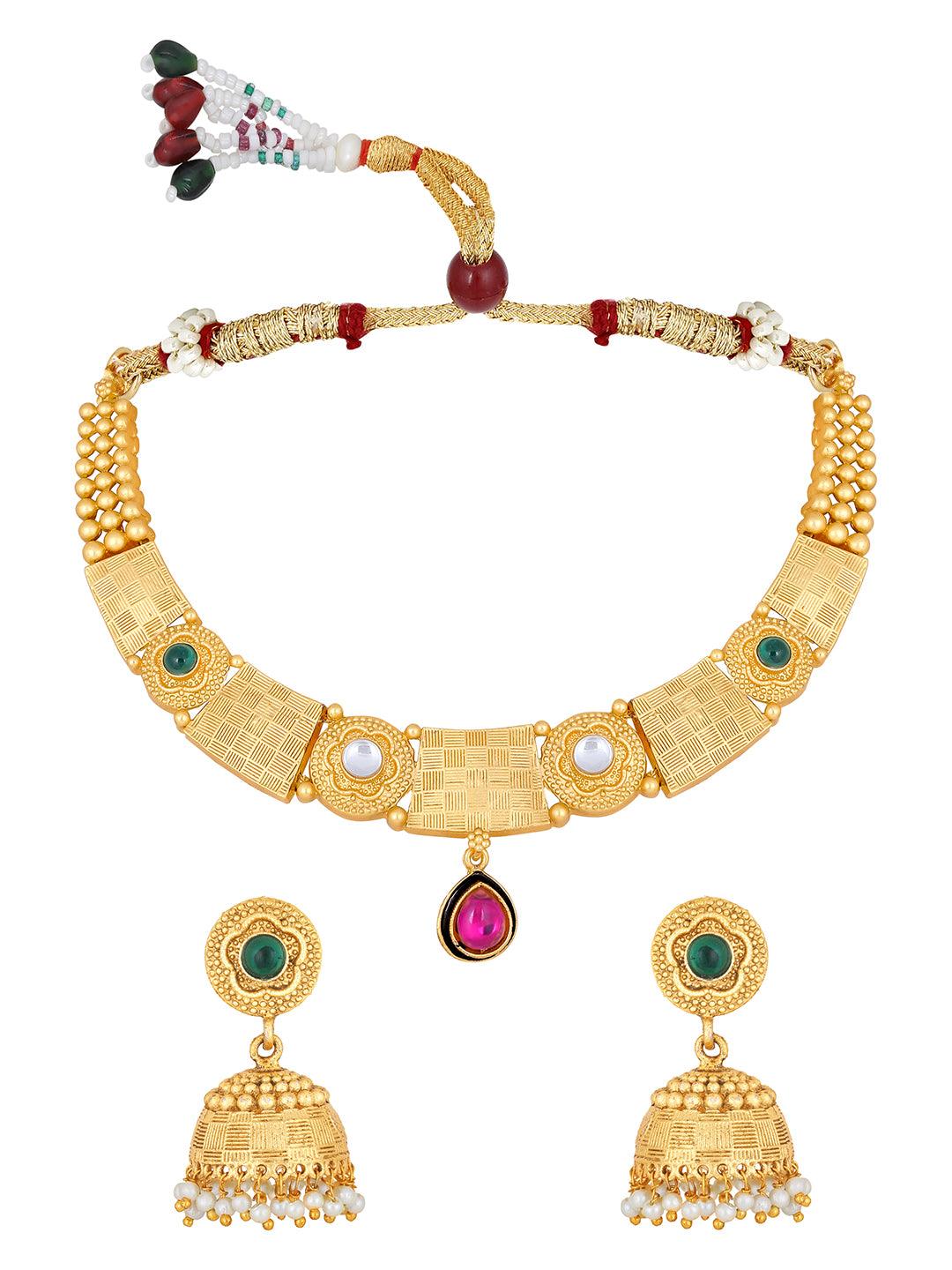 Gold Plated Artificial Stone Studded Ethnic Choker Jewellery Set - ASMITTA Jewellery